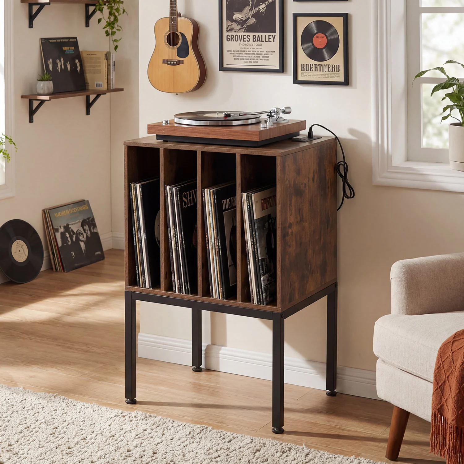 Turntable Record Player Stand With Power Outlets, Rustic Brown - Image 2