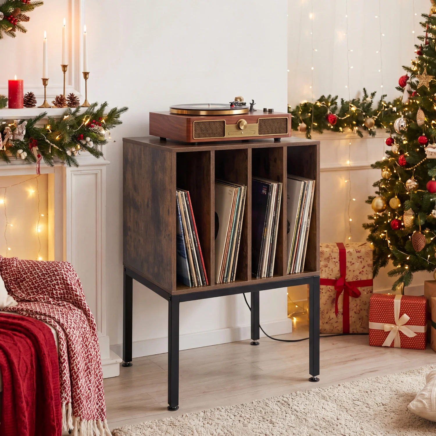Turntable Record Player Stand With Power Outlets, Rustic Brown - Image 3