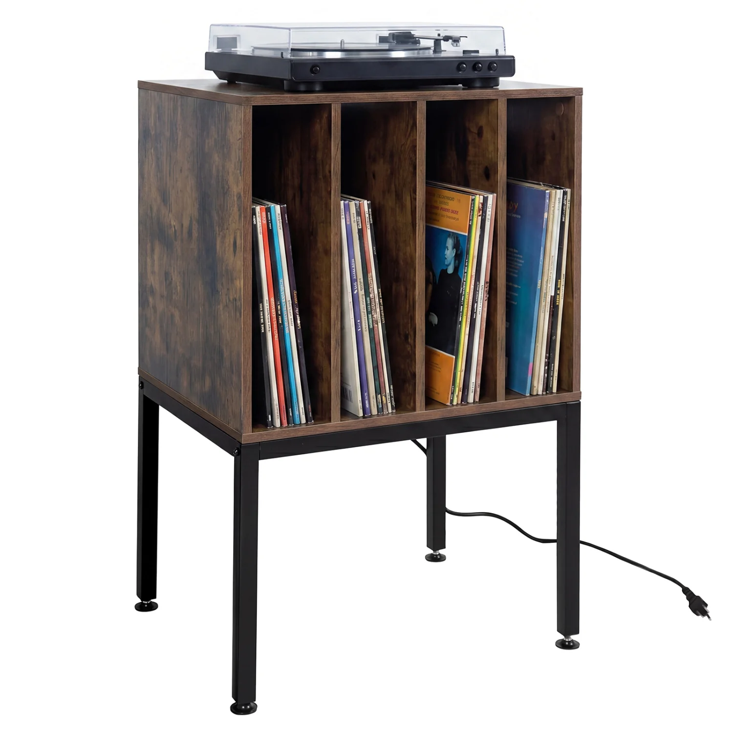 Turntable Record Player Stand With Power Outlets, Rustic Brown - Image 4