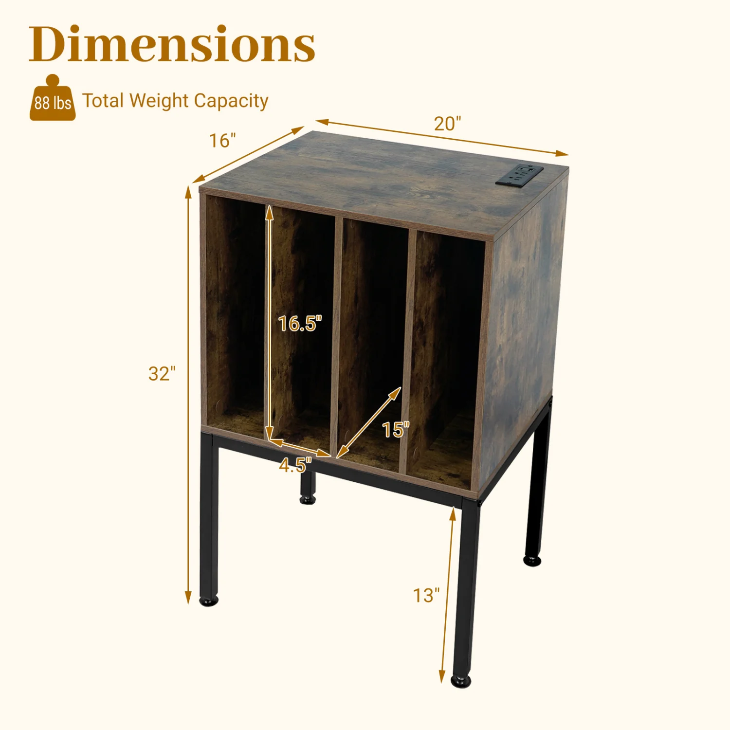 Turntable Record Player Stand With Power Outlets, Rustic Brown - Image 5