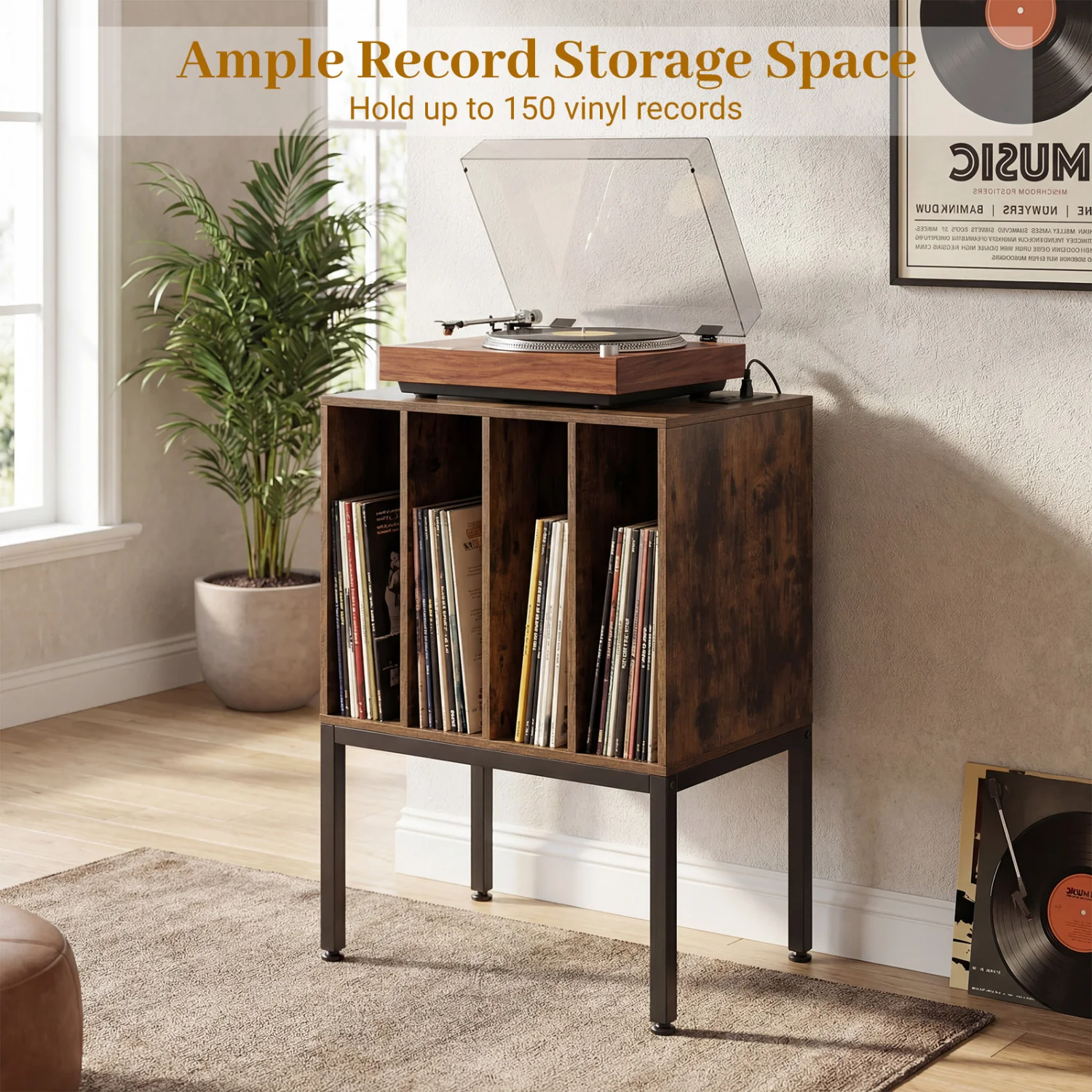 Turntable Record Player Stand With Power Outlets, Rustic Brown - Image 7