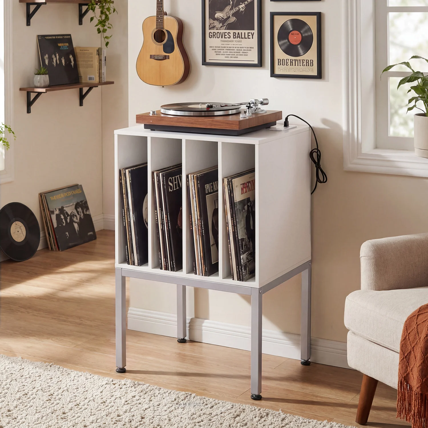 Turntable Record Player Stand With Power Outlets, White - Image 2