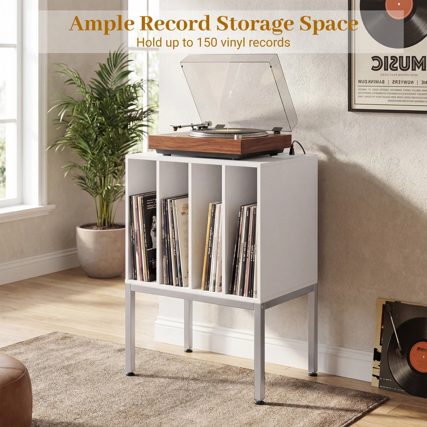Turntable Record Player Stand With Power Outlets, White - Image 8