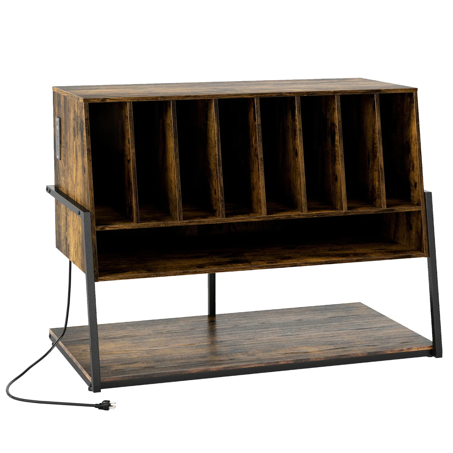 Turntable Stand with Charging Station, Vinyl Shelves, Rustic Brown