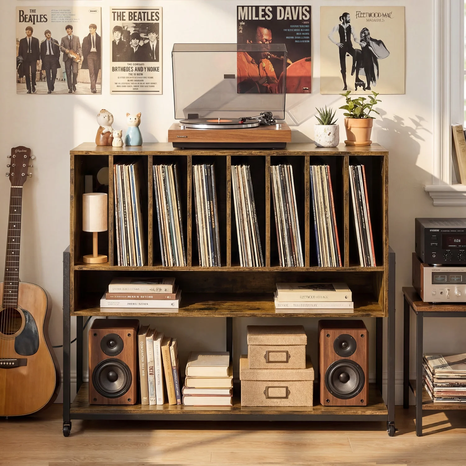 Turntable Stand with Charging Station, Vinyl Shelves, Rustic Brown - Image 2