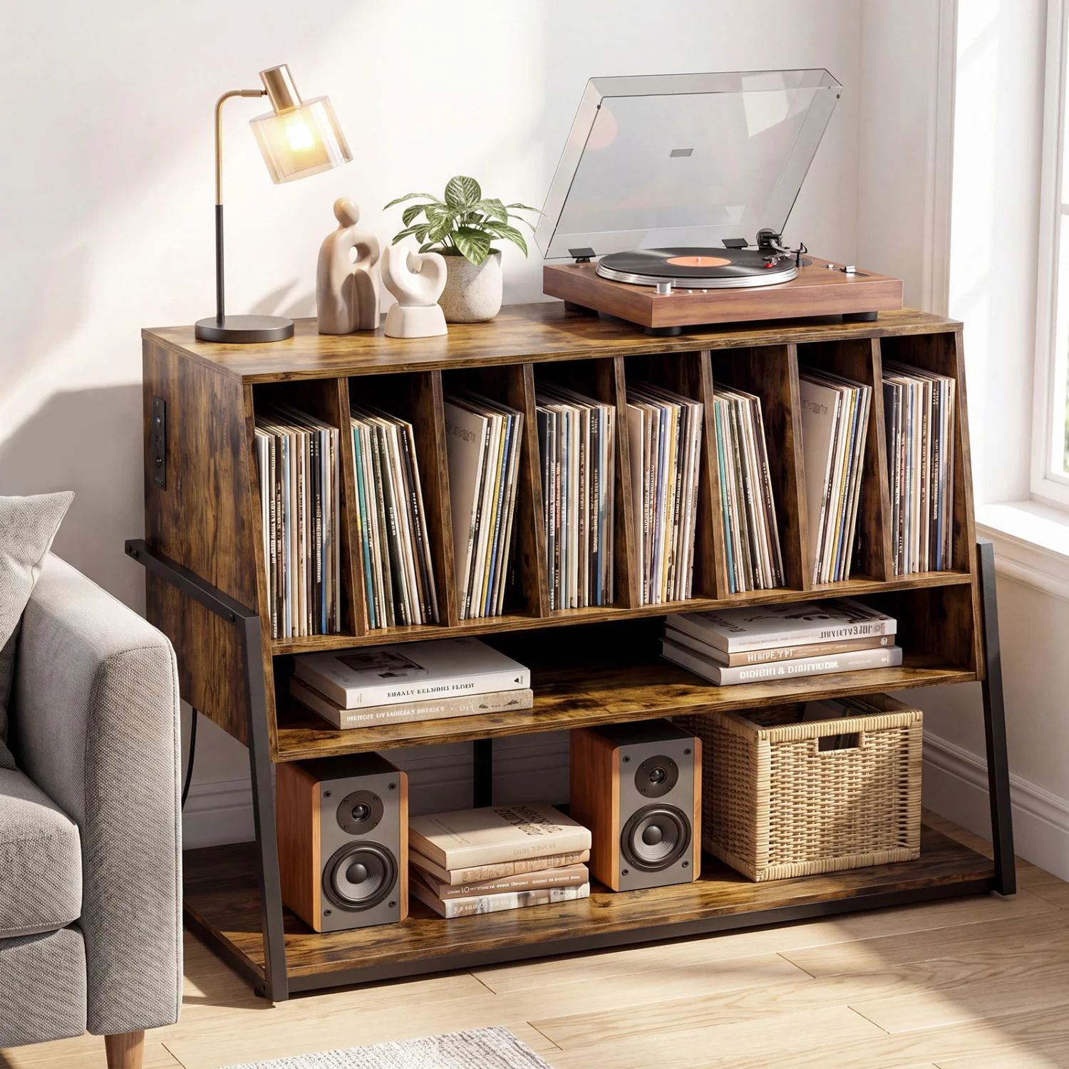 Turntable Stand with Charging Station, Vinyl Shelves, Rustic Brown - Image 3