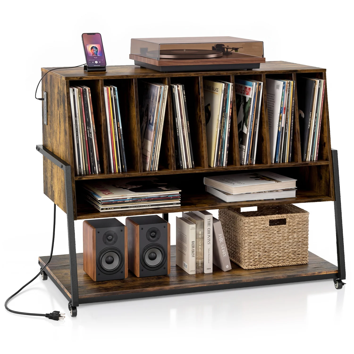 Turntable Stand with Charging Station, Vinyl Shelves, Rustic Brown - Image 4