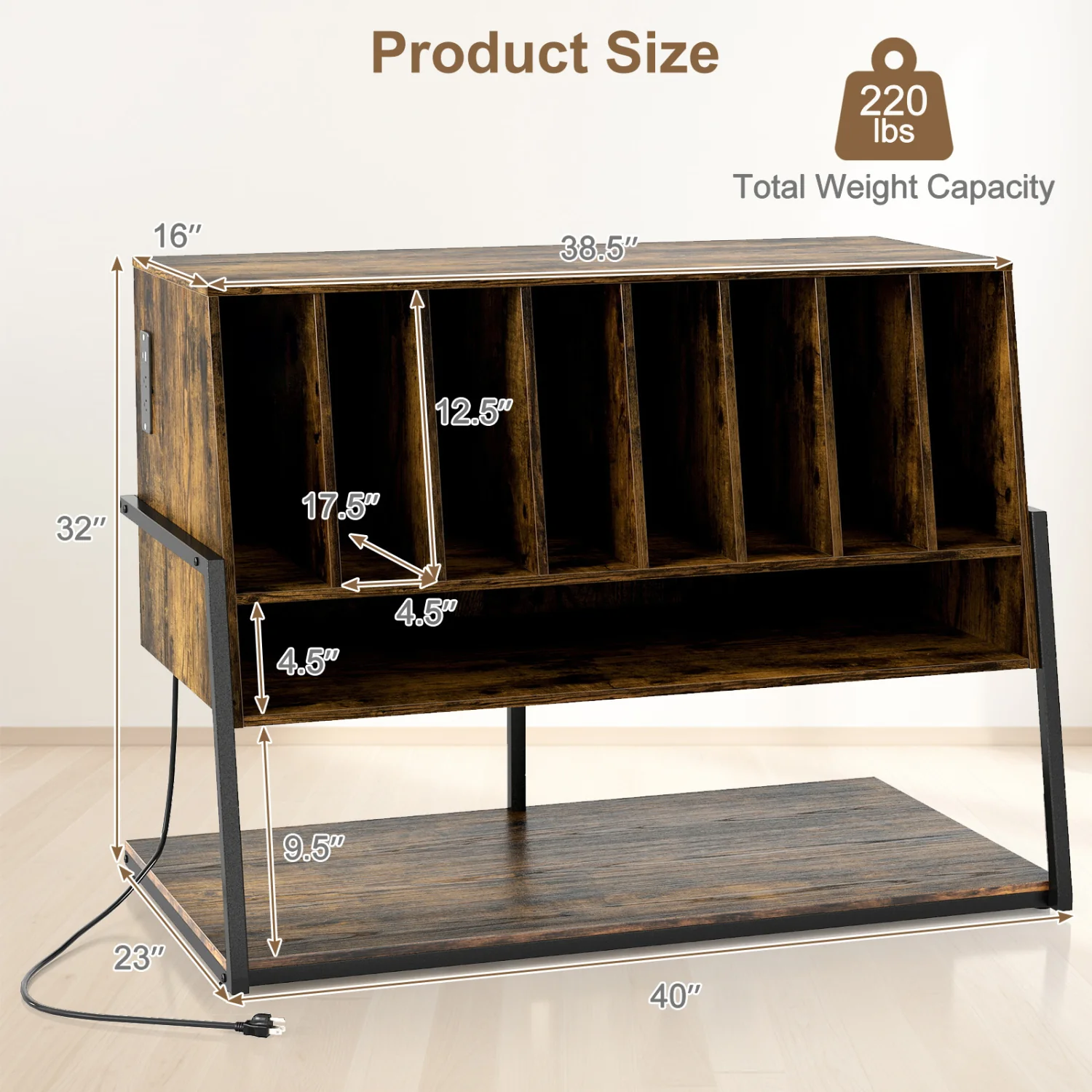 Turntable Stand with Charging Station, Vinyl Shelves, Rustic Brown - Image 5