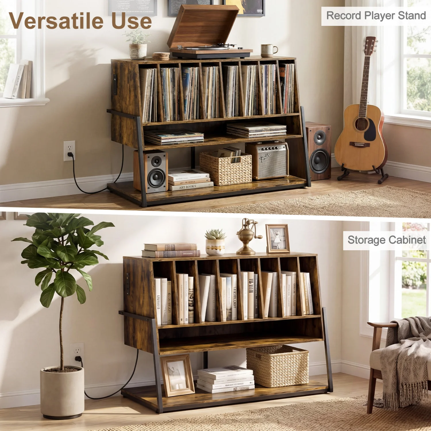 Turntable Stand with Charging Station, Vinyl Shelves, Rustic Brown - Image 6