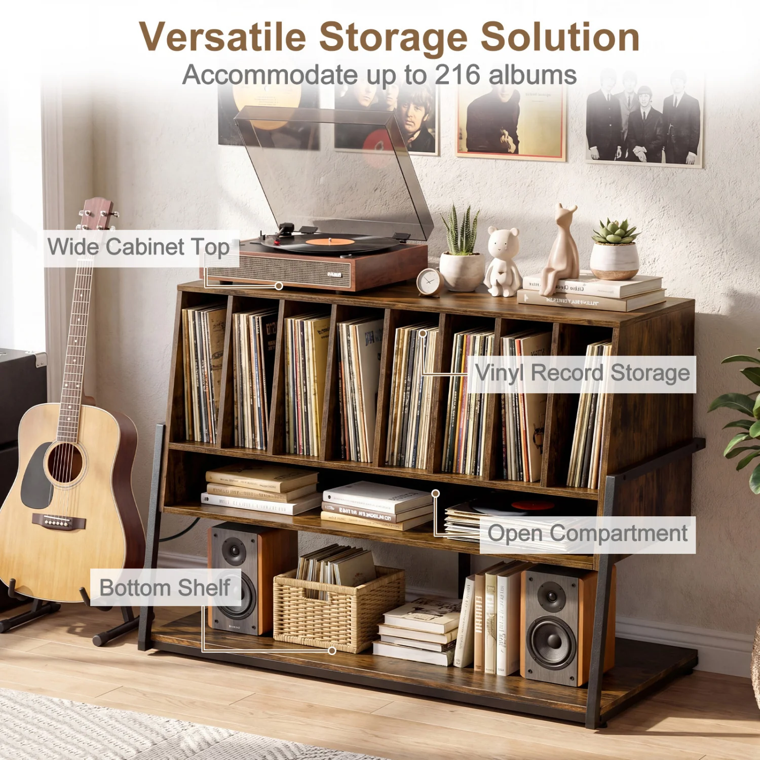 Turntable Stand with Charging Station, Vinyl Shelves, Rustic Brown - Image 7