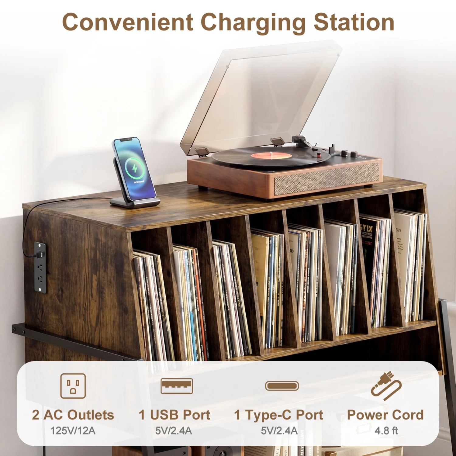 Turntable Stand with Charging Station, Vinyl Shelves, Rustic Brown - Image 8