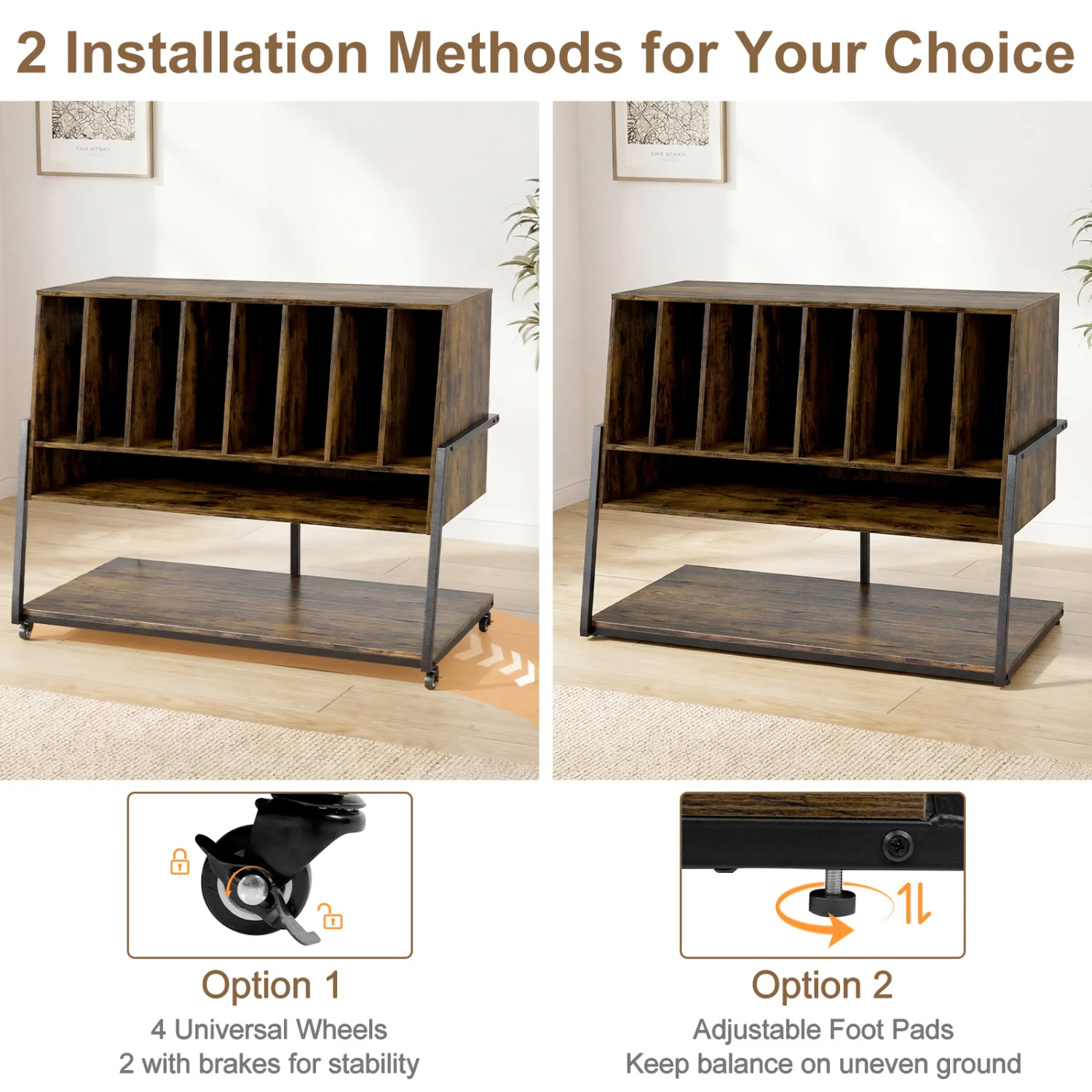Turntable Stand with Charging Station, Vinyl Shelves, Rustic Brown - Image 9