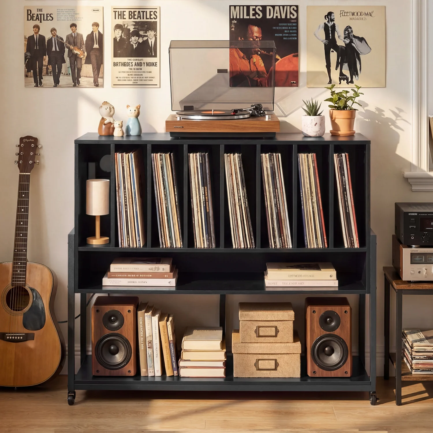 Turntable Stand With Vinyl Shelves, Charging Station, Black - Image 2