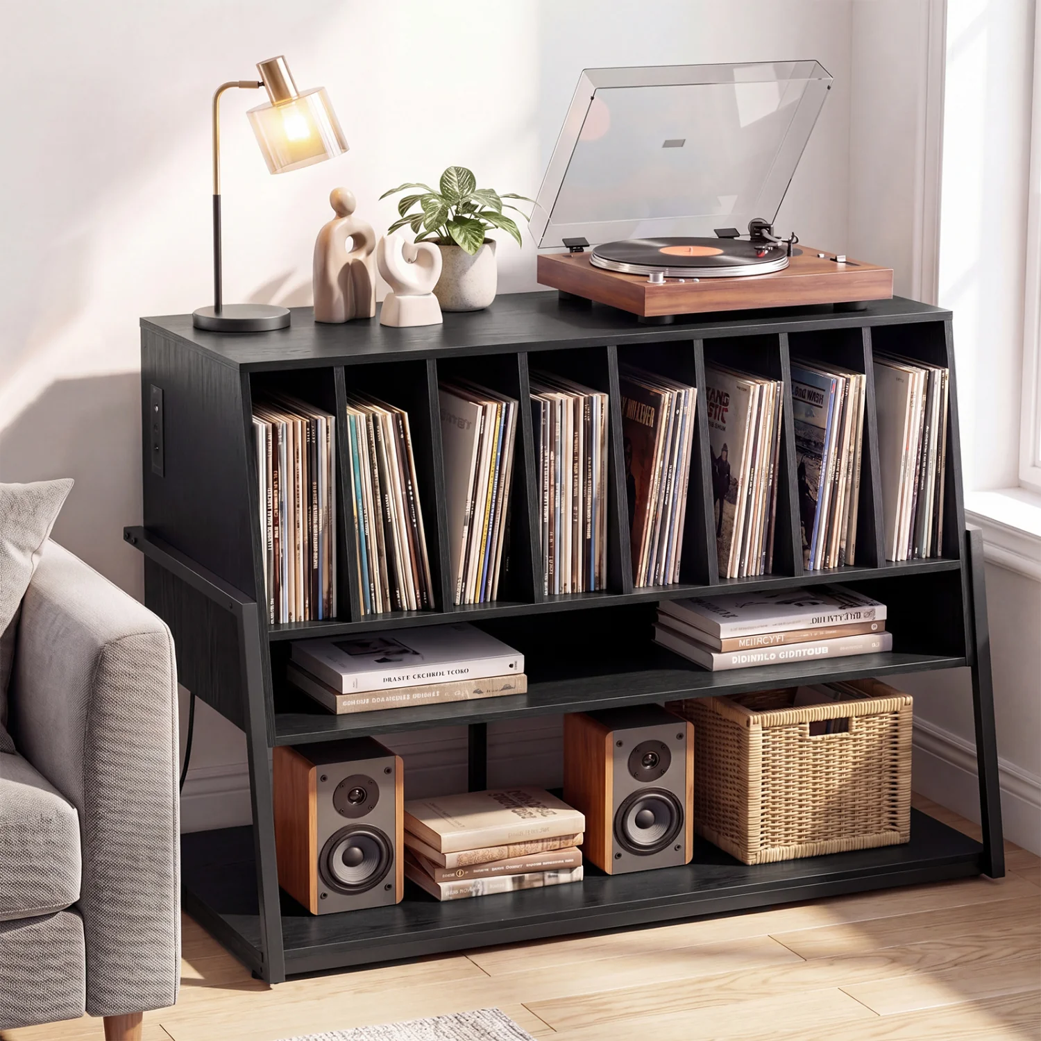 Turntable Stand With Vinyl Shelves, Charging Station, Black - Image 3