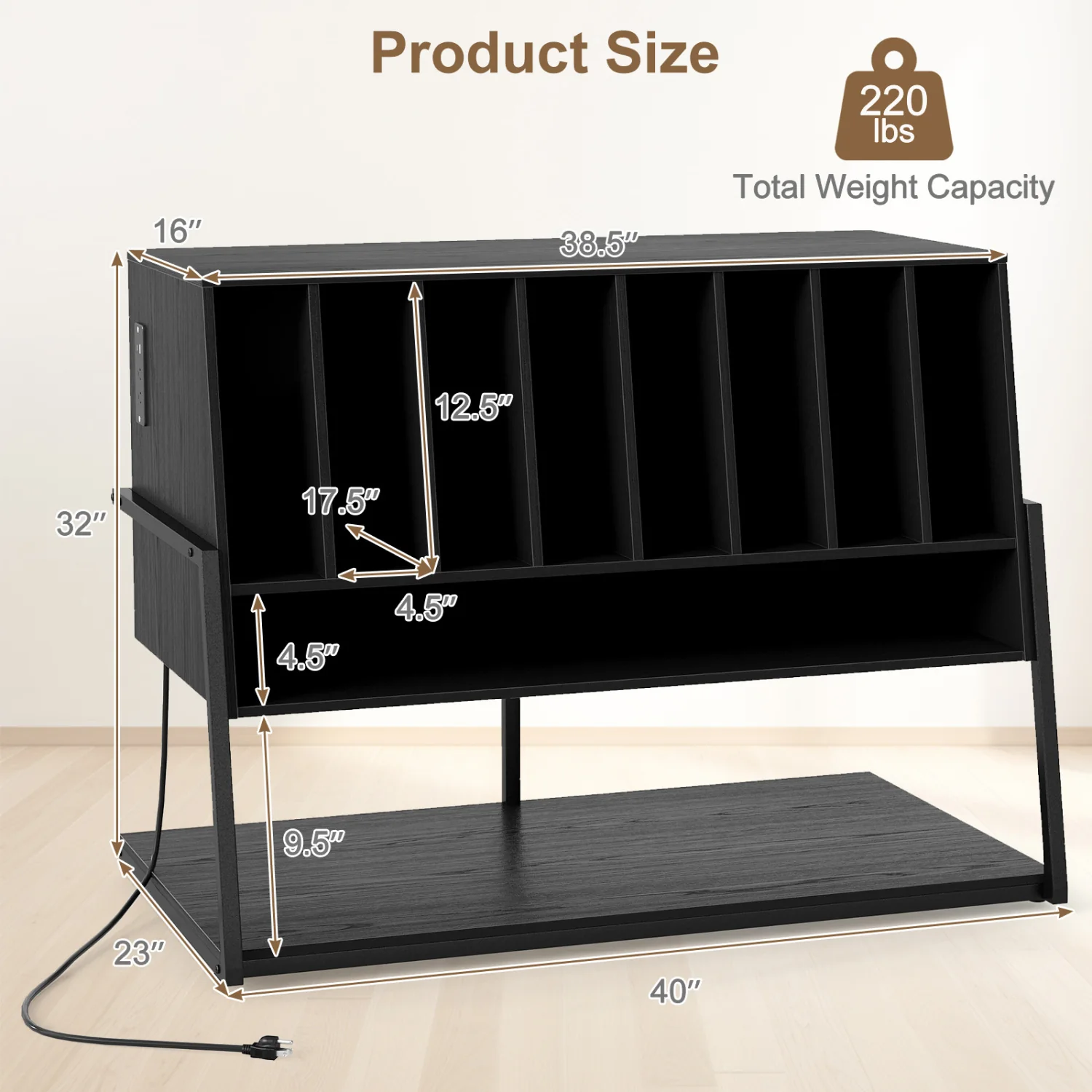 Turntable Stand With Vinyl Shelves, Charging Station, Black - Image 5