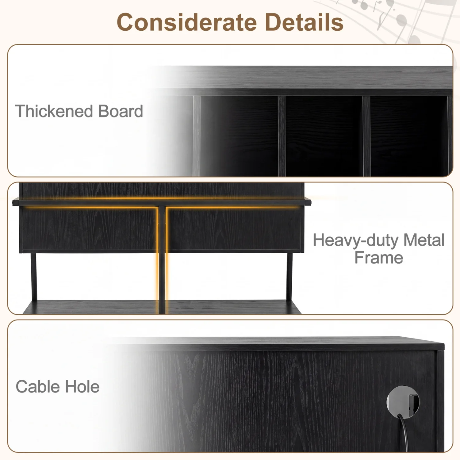 Turntable Stand With Vinyl Shelves, Charging Station, Black - Image 6