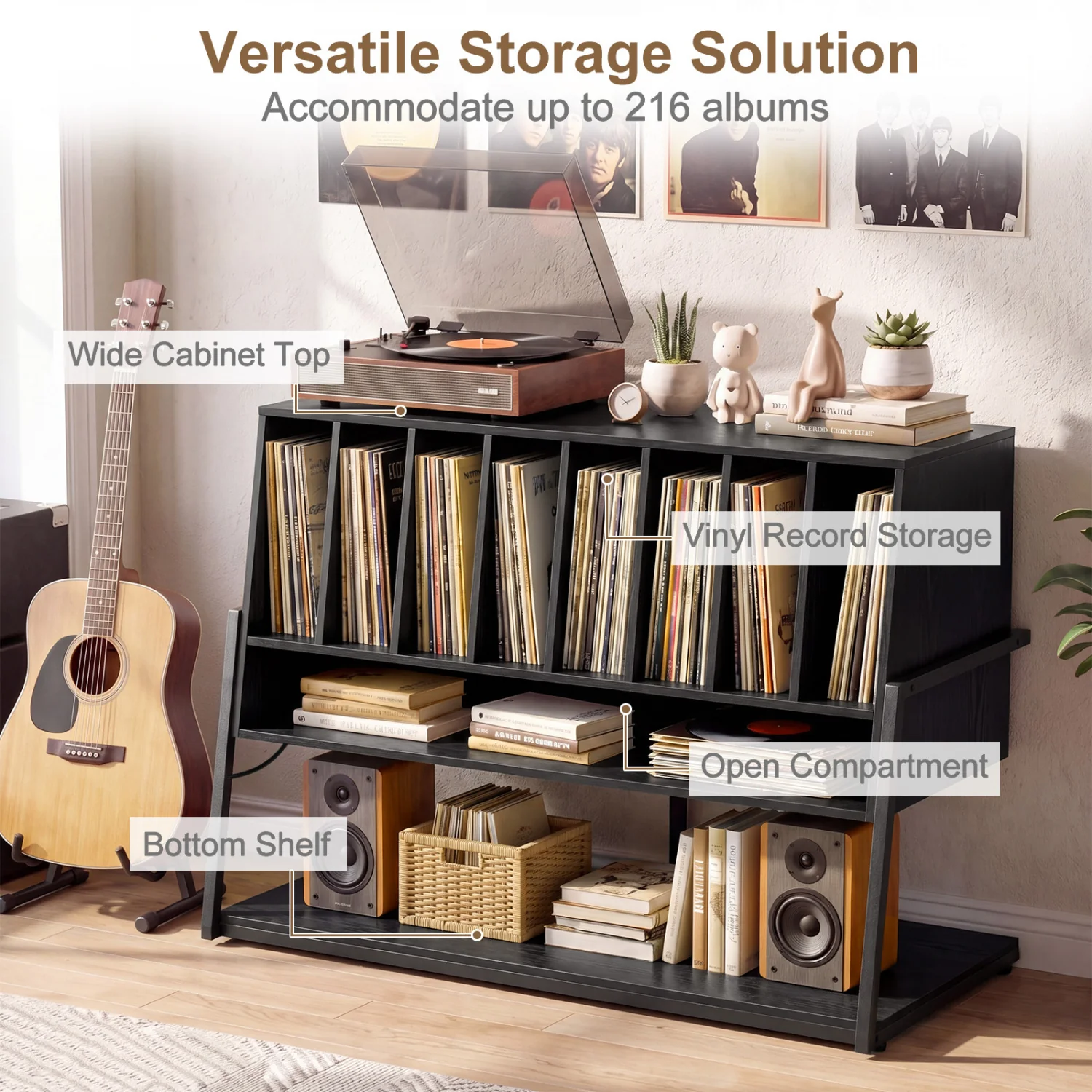 Turntable Stand With Vinyl Shelves, Charging Station, Black - Image 8