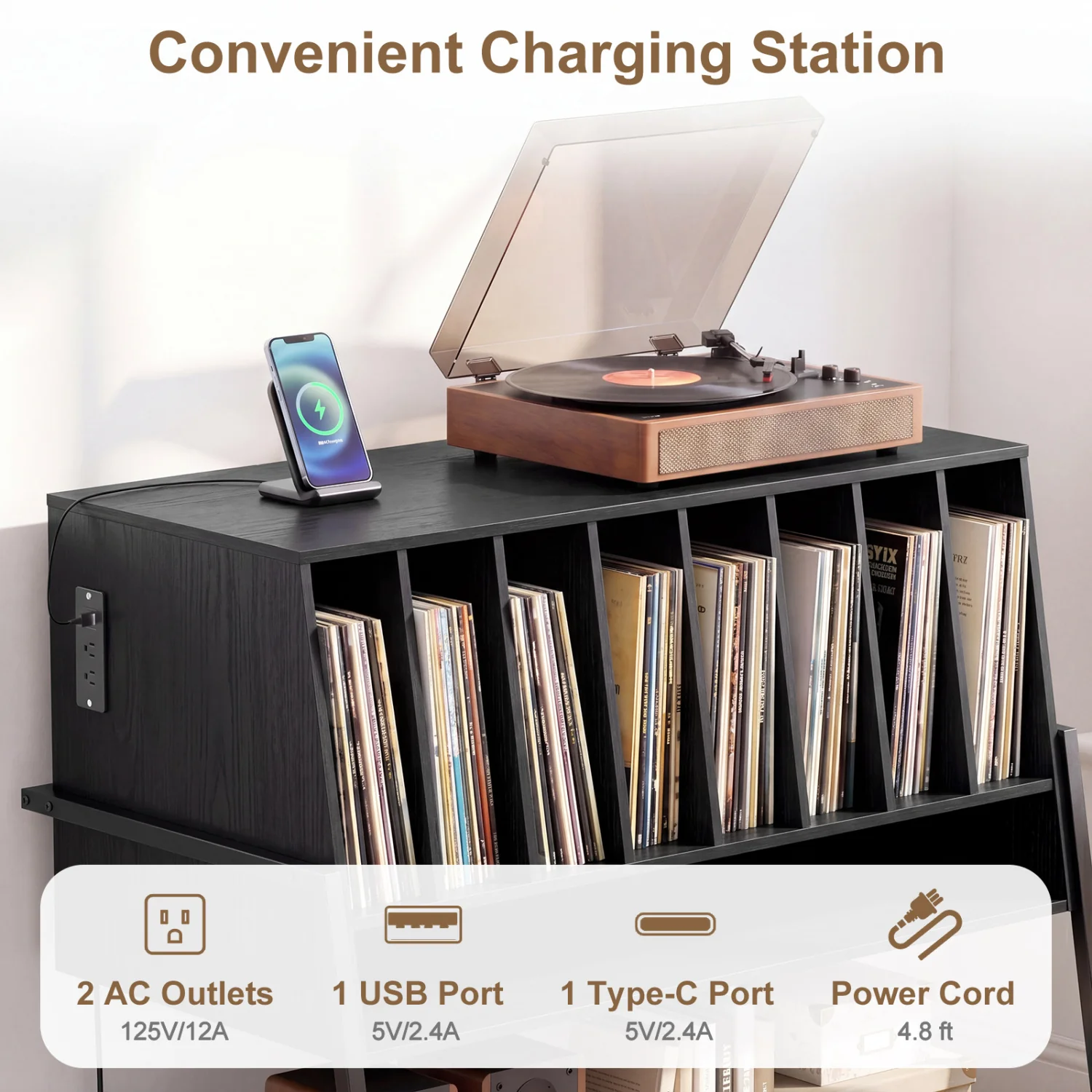 Turntable Stand With Vinyl Shelves, Charging Station, Black - Image 9