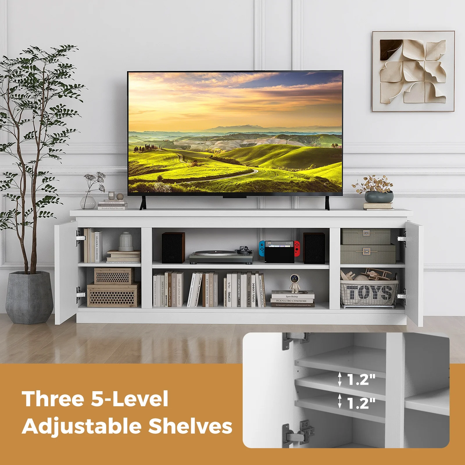 TV Cabinet, 80 Inch, 3 Adjustable Shelves, Anti-Tipping Kit, White - Image 10