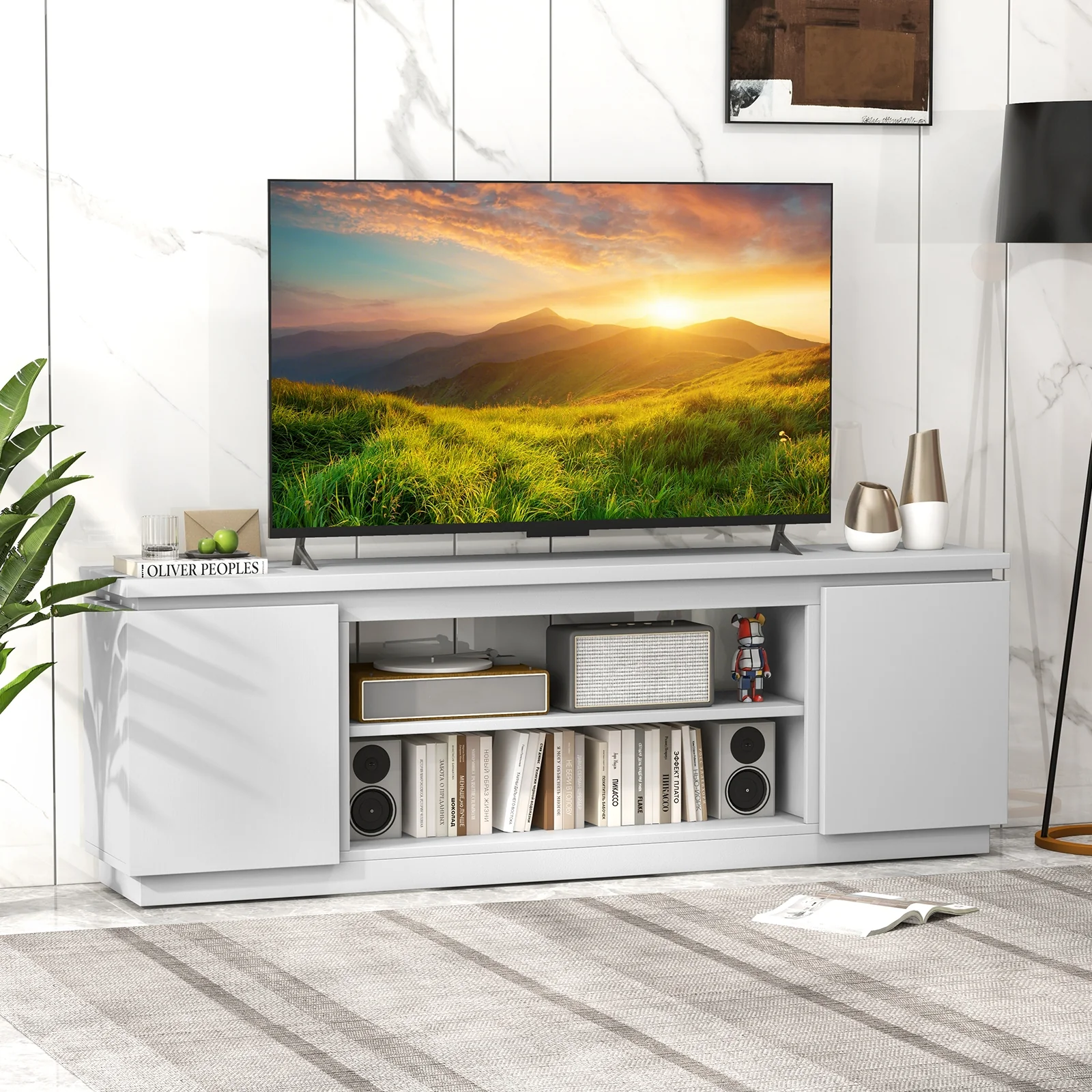 TV Cabinet, 80 Inch, 3 Adjustable Shelves, Anti-Tipping Kit, White - Image 2
