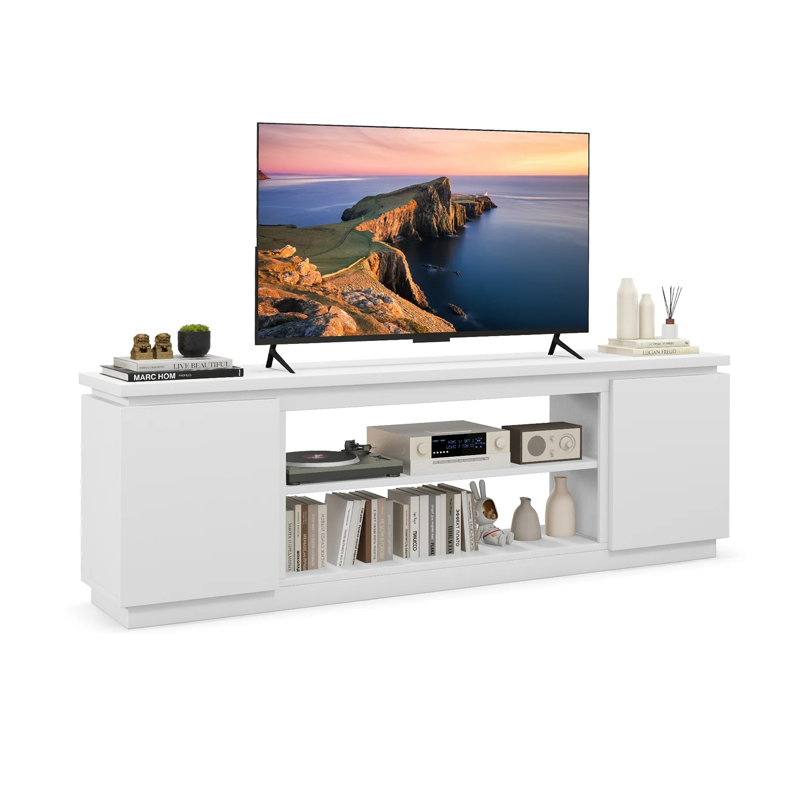 TV Cabinet, 80 Inch, 3 Adjustable Shelves, Anti-Tipping Kit, White - Image 4