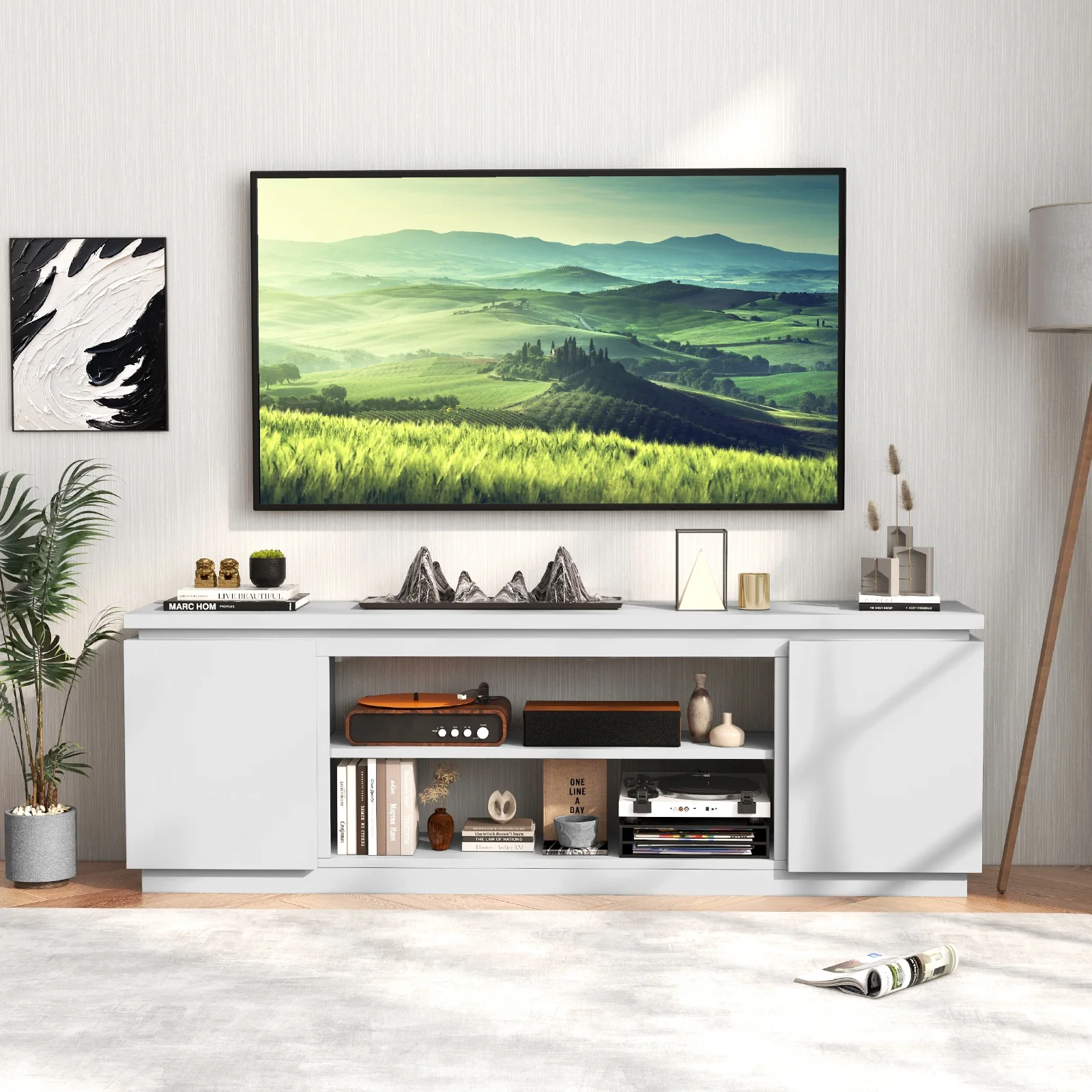 TV Cabinet, 80 Inch, 3 Adjustable Shelves, Anti-Tipping Kit, White - Image 7