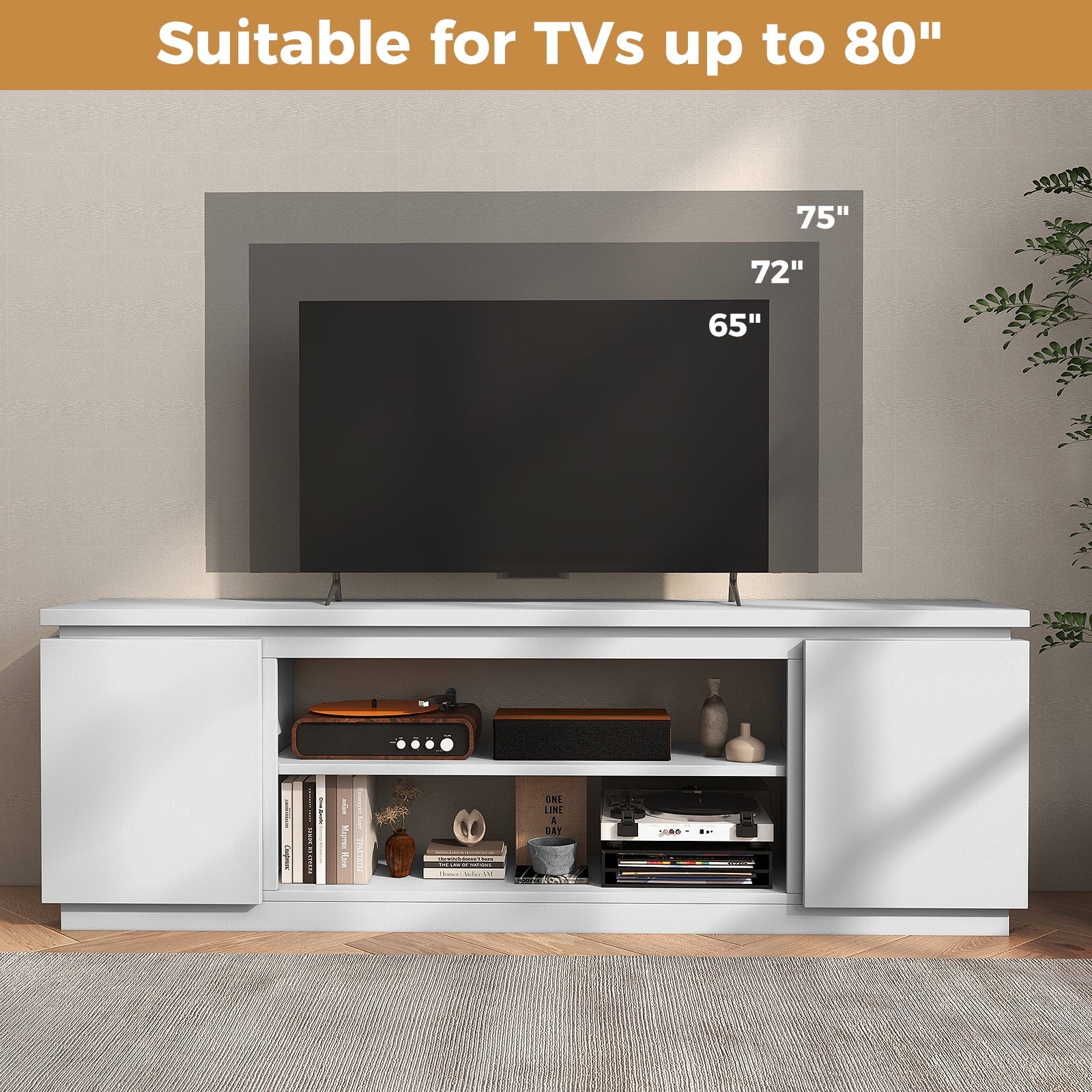 TV Cabinet, 80 Inch, 3 Adjustable Shelves, Anti-Tipping Kit, White - Image 8