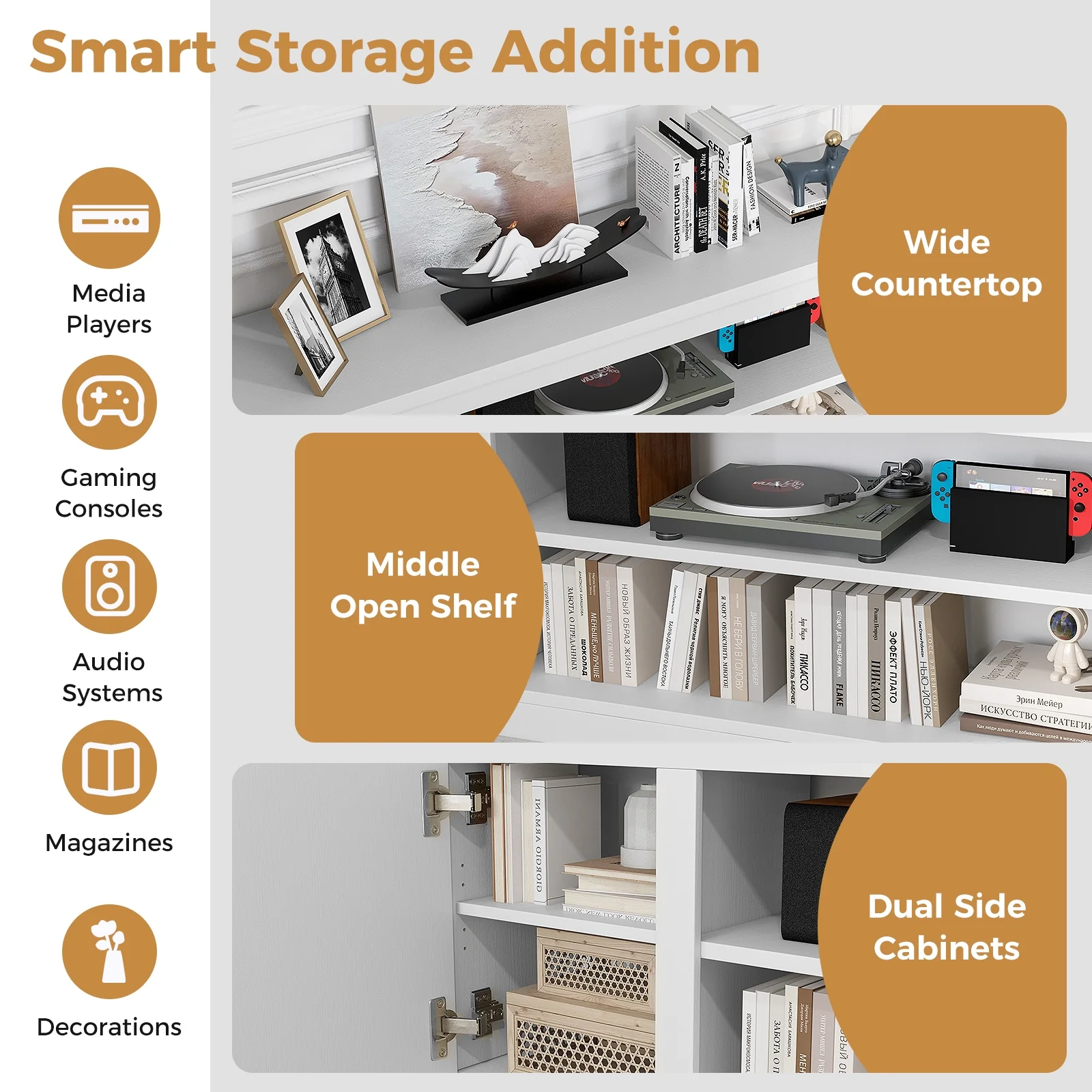 TV Cabinet, 80 Inch, 3 Adjustable Shelves, Anti-Tipping Kit, White - Image 9
