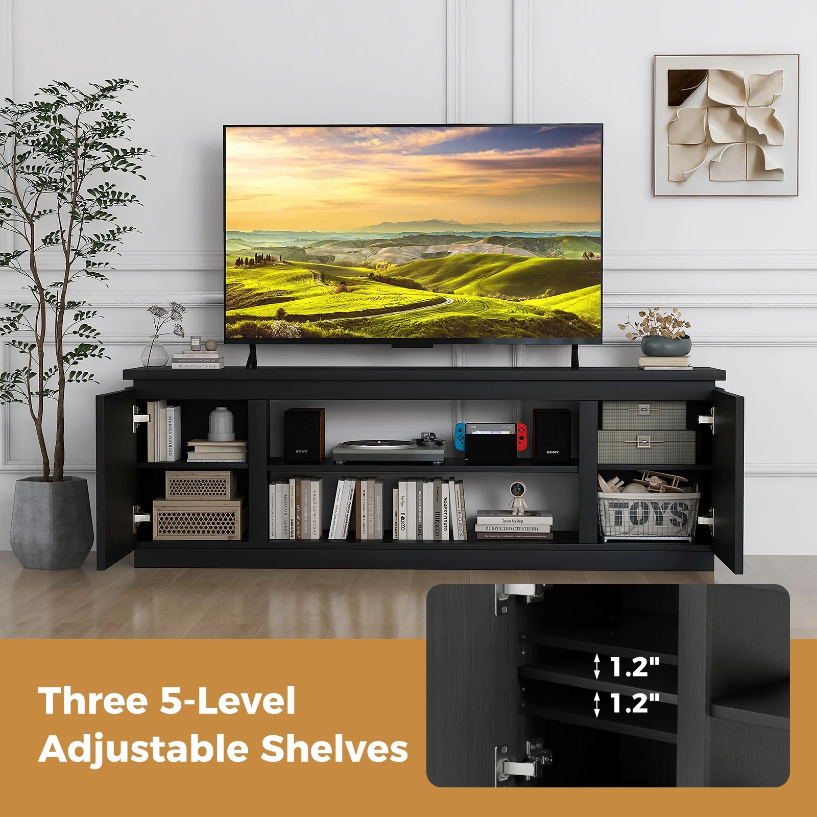 TV Cabinet With 3 Adjustable Shelves, Anti-Tipping Kits, 80 Inch, Black - Image 10