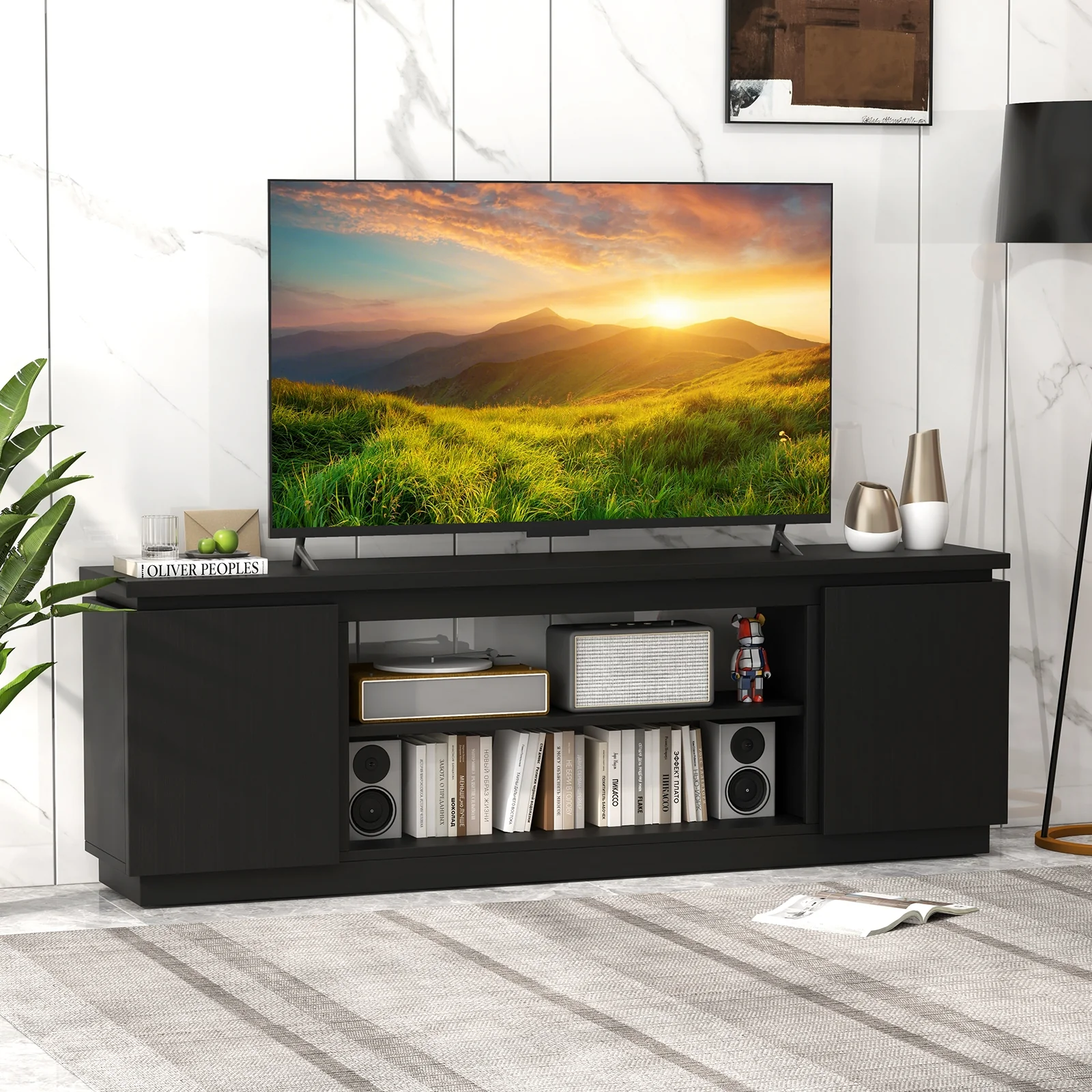 TV Cabinet With 3 Adjustable Shelves, Anti-Tipping Kits, 80 Inch, Black - Image 2