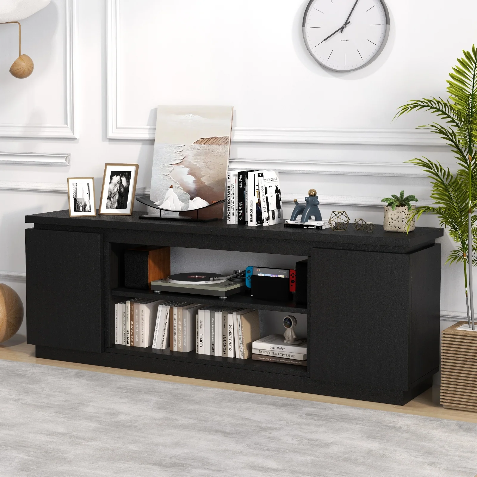 TV Cabinet With 3 Adjustable Shelves, Anti-Tipping Kits, 80 Inch, Black - Image 3