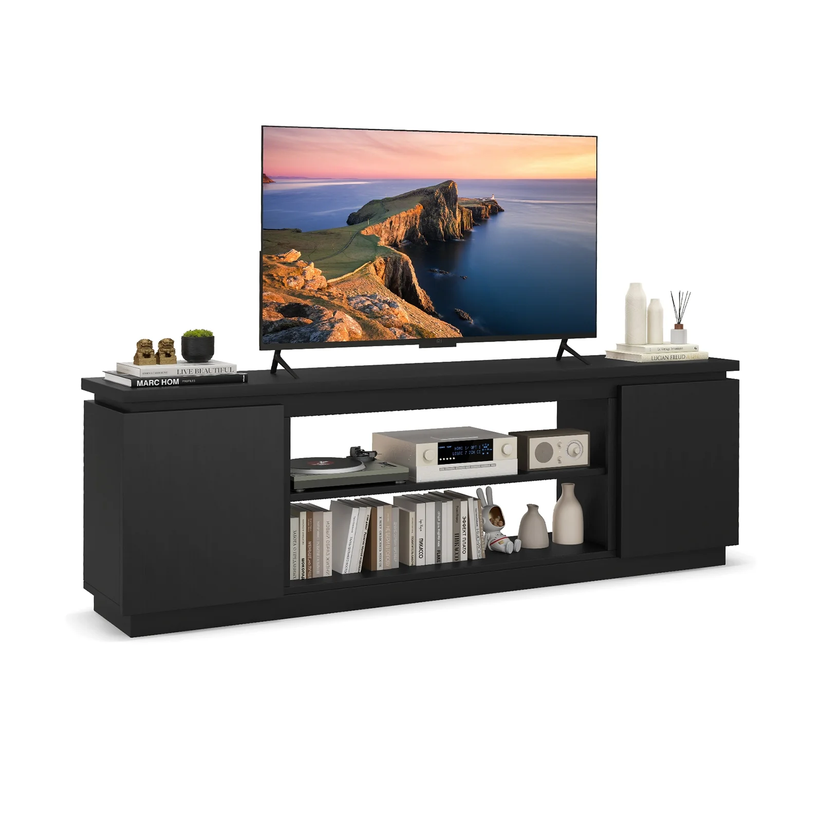 TV Cabinet With 3 Adjustable Shelves, Anti-Tipping Kits, 80 Inch, Black - Image 4
