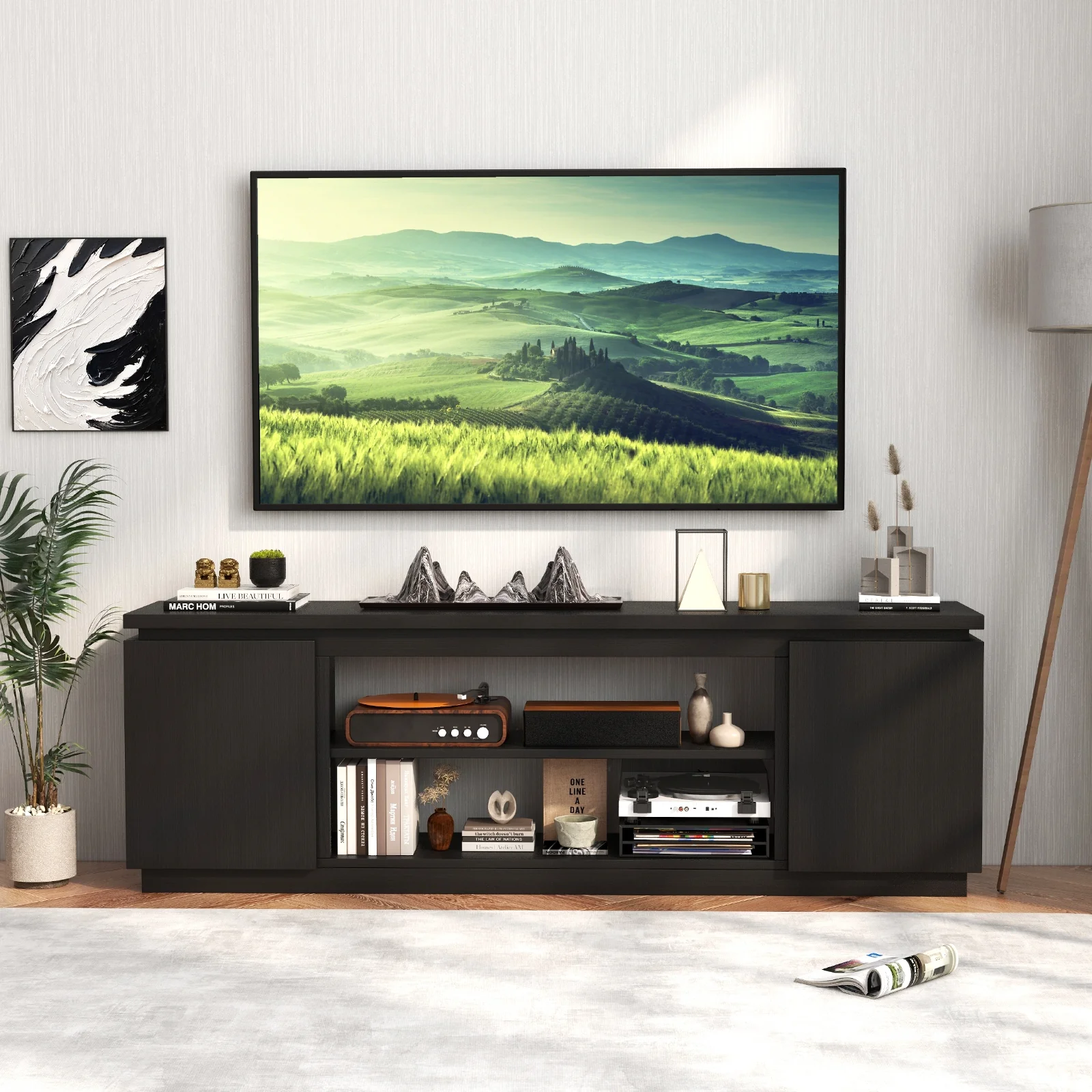 TV Cabinet With 3 Adjustable Shelves, Anti-Tipping Kits, 80 Inch, Black - Image 7