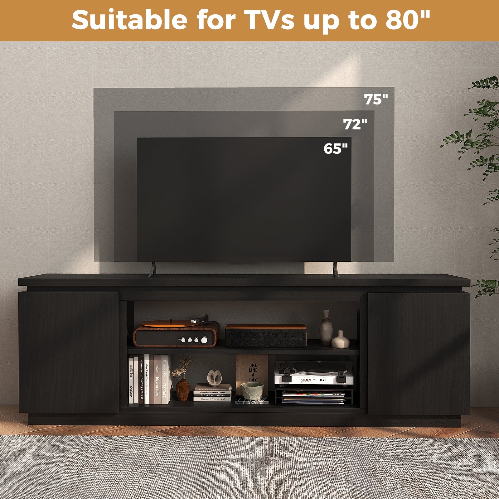 TV Cabinet With 3 Adjustable Shelves, Anti-Tipping Kits, 80 Inch, Black - Image 8
