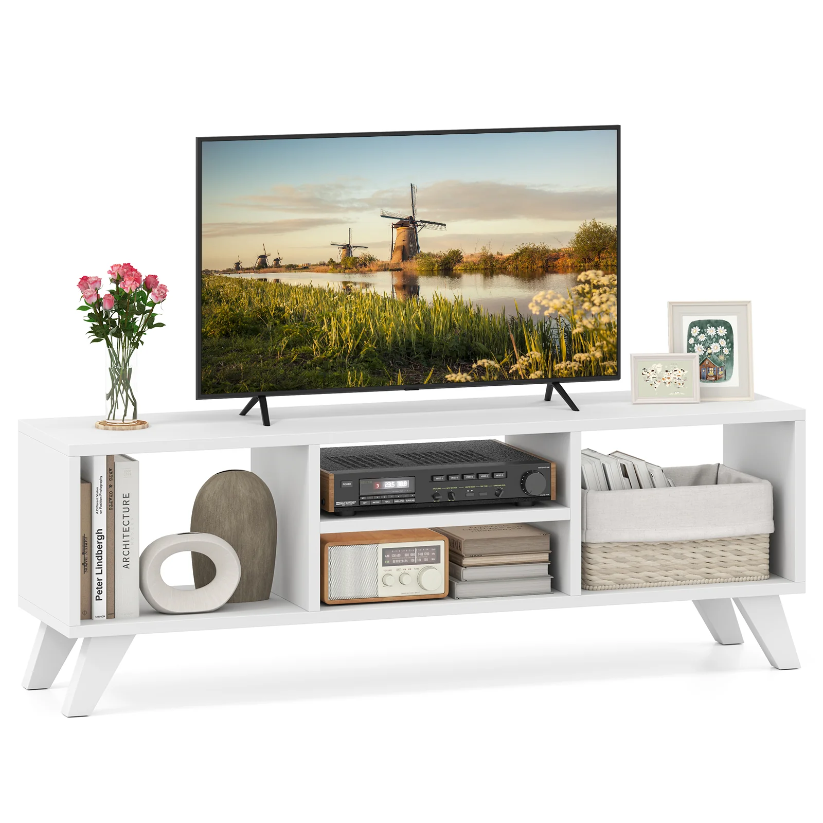 TV Console Table With Raised Support Legs, White - Image 5