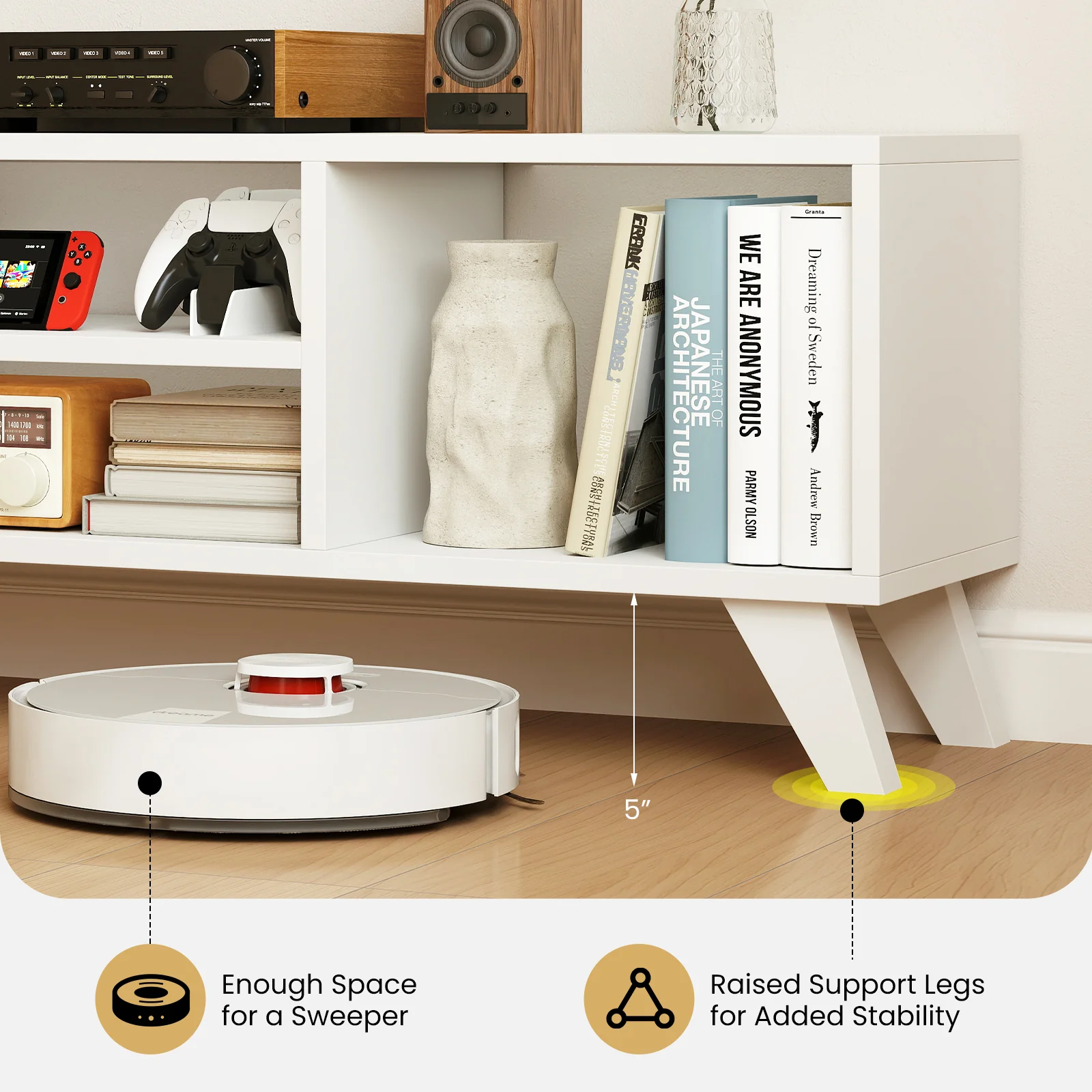 TV Console Table With Raised Support Legs, White - Image 8