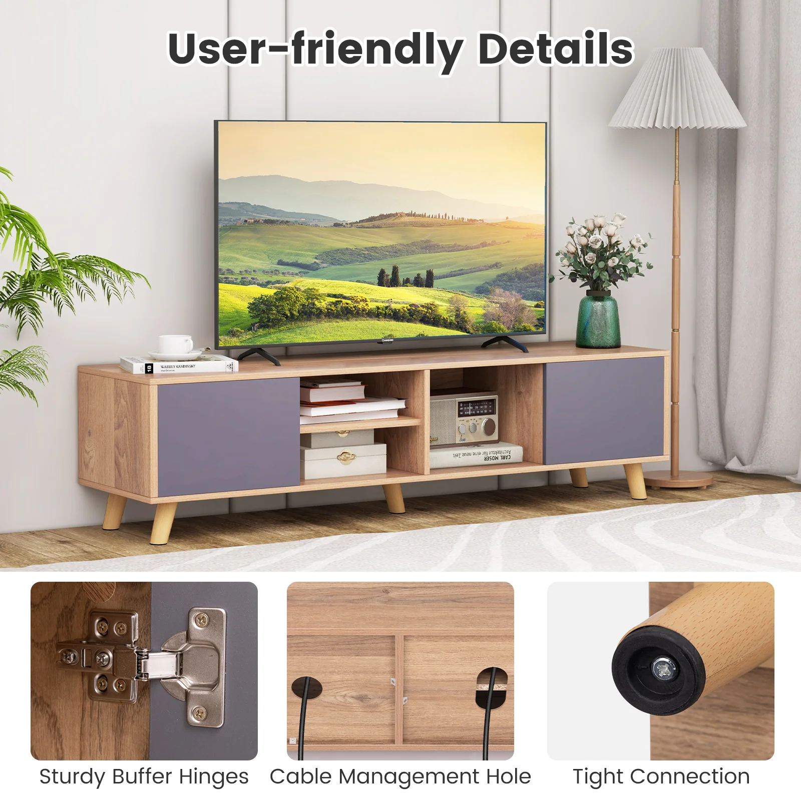 TV Stand Cabinet For 65 Inch TVs, Open Shelf, Natural - Image 10