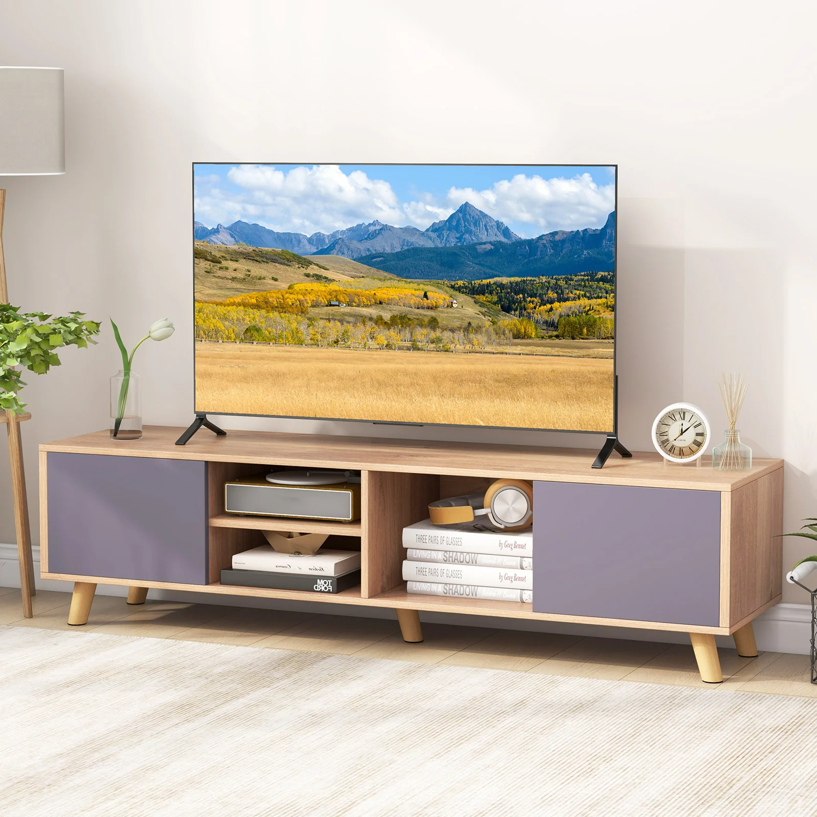 TV Stand Cabinet For 65 Inch TVs, Open Shelf, Natural - Image 2