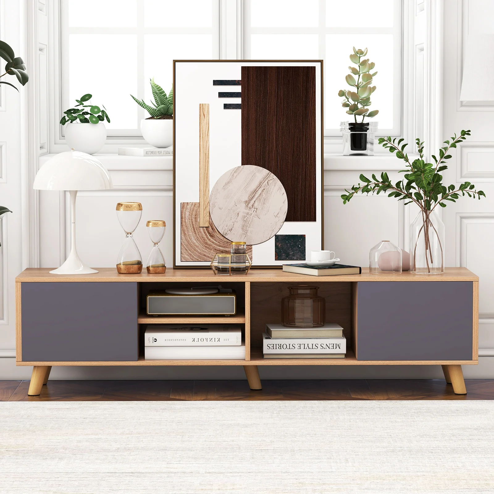 TV Stand Cabinet For 65 Inch TVs, Open Shelf, Natural - Image 3