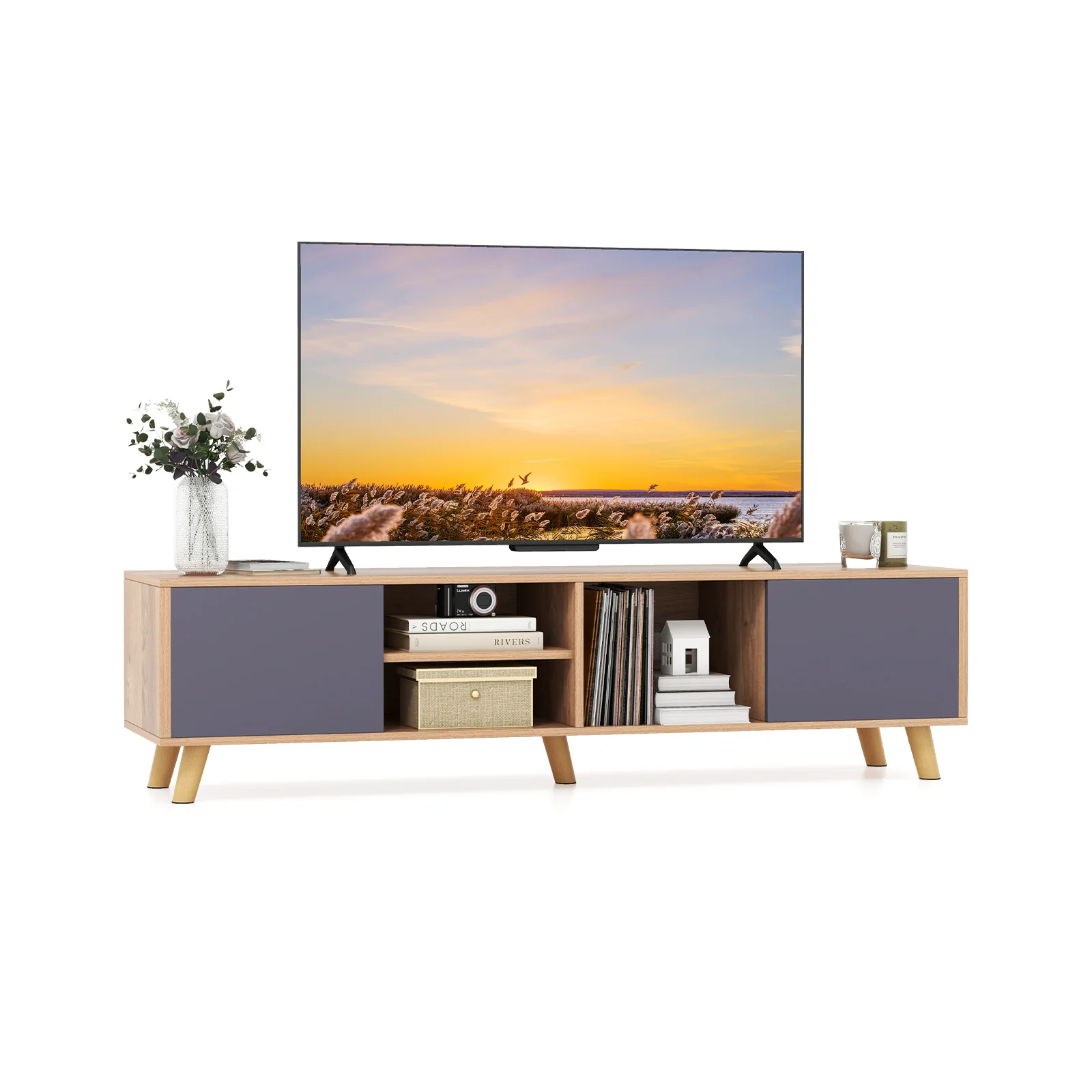 TV Stand Cabinet For 65 Inch TVs, Open Shelf, Natural - Image 5
