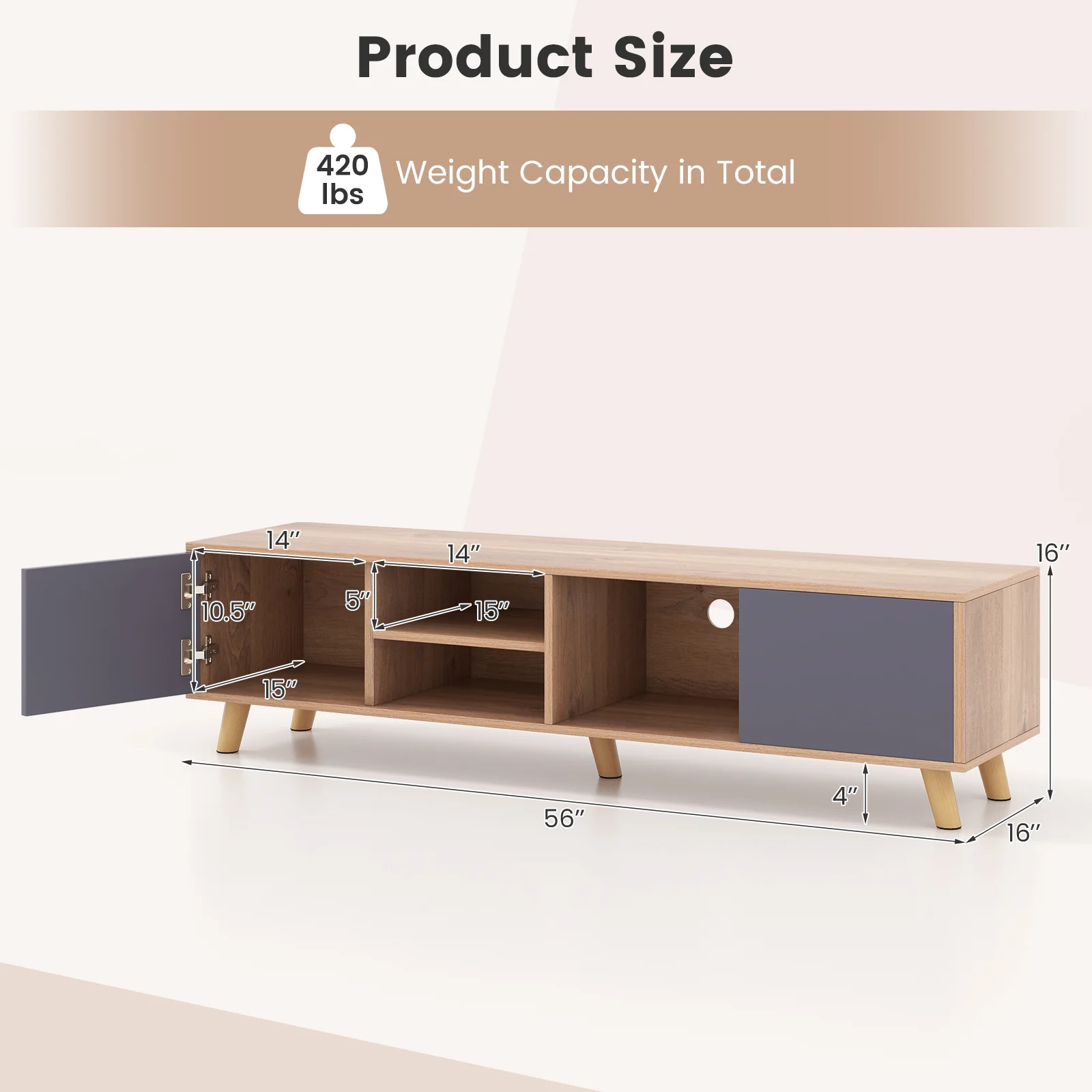 TV Stand Cabinet For 65 Inch TVs, Open Shelf, Natural - Image 6