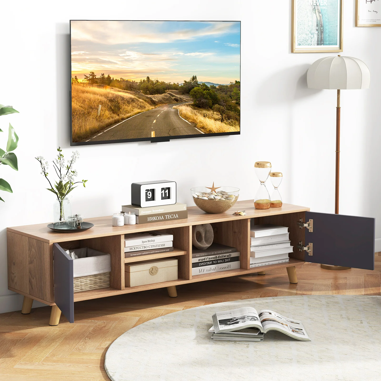 TV Stand Cabinet For 65 Inch TVs, Open Shelf, Natural - Image 7