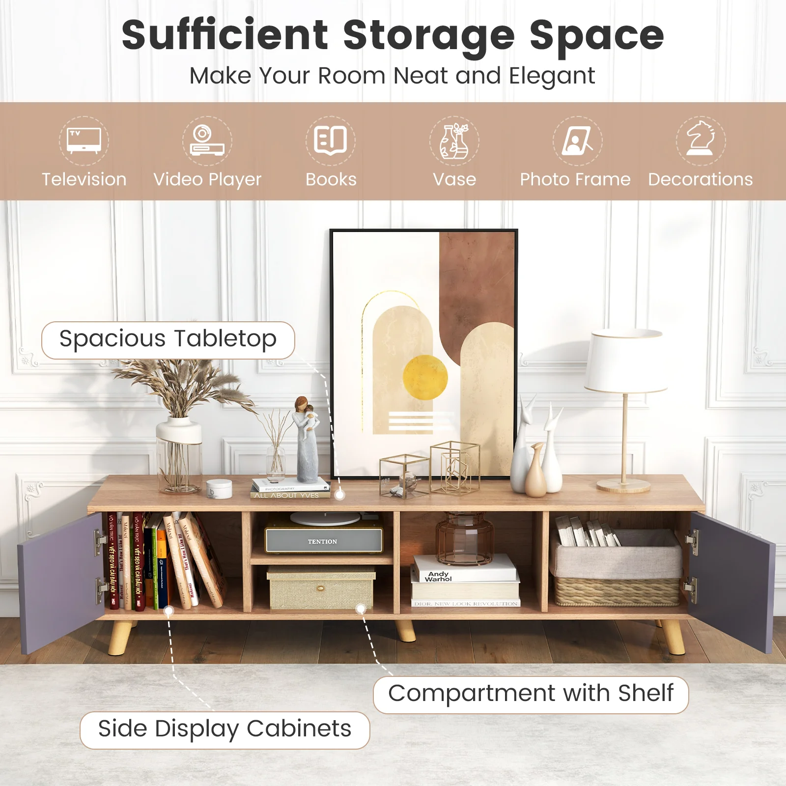 TV Stand Cabinet For 65 Inch TVs, Open Shelf, Natural - Image 8