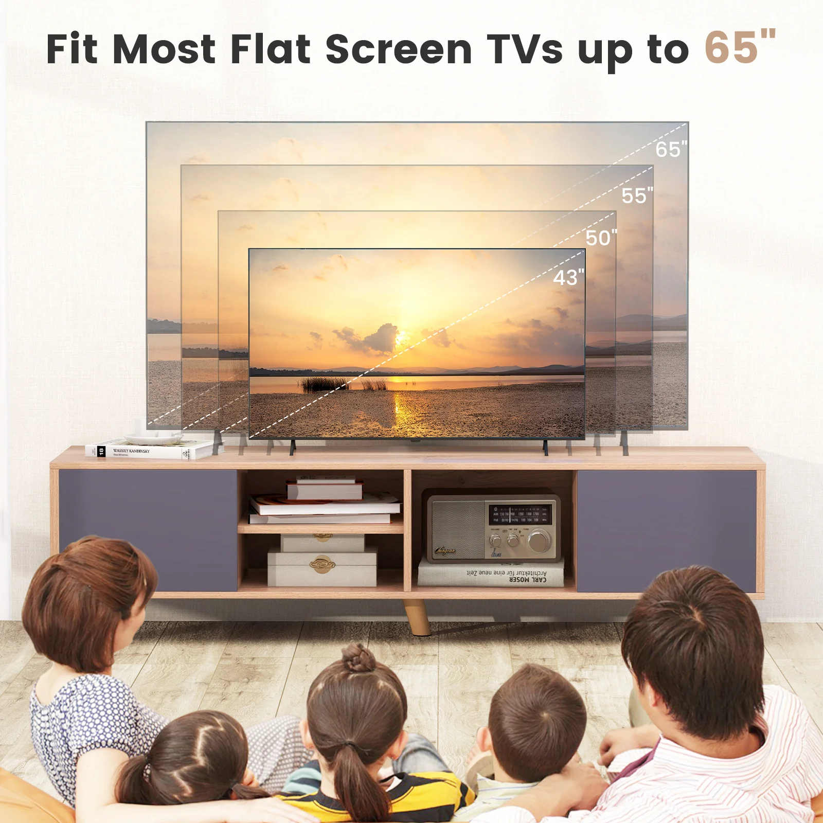 TV Stand Cabinet For 65 Inch TVs, Open Shelf, Natural - Image 9