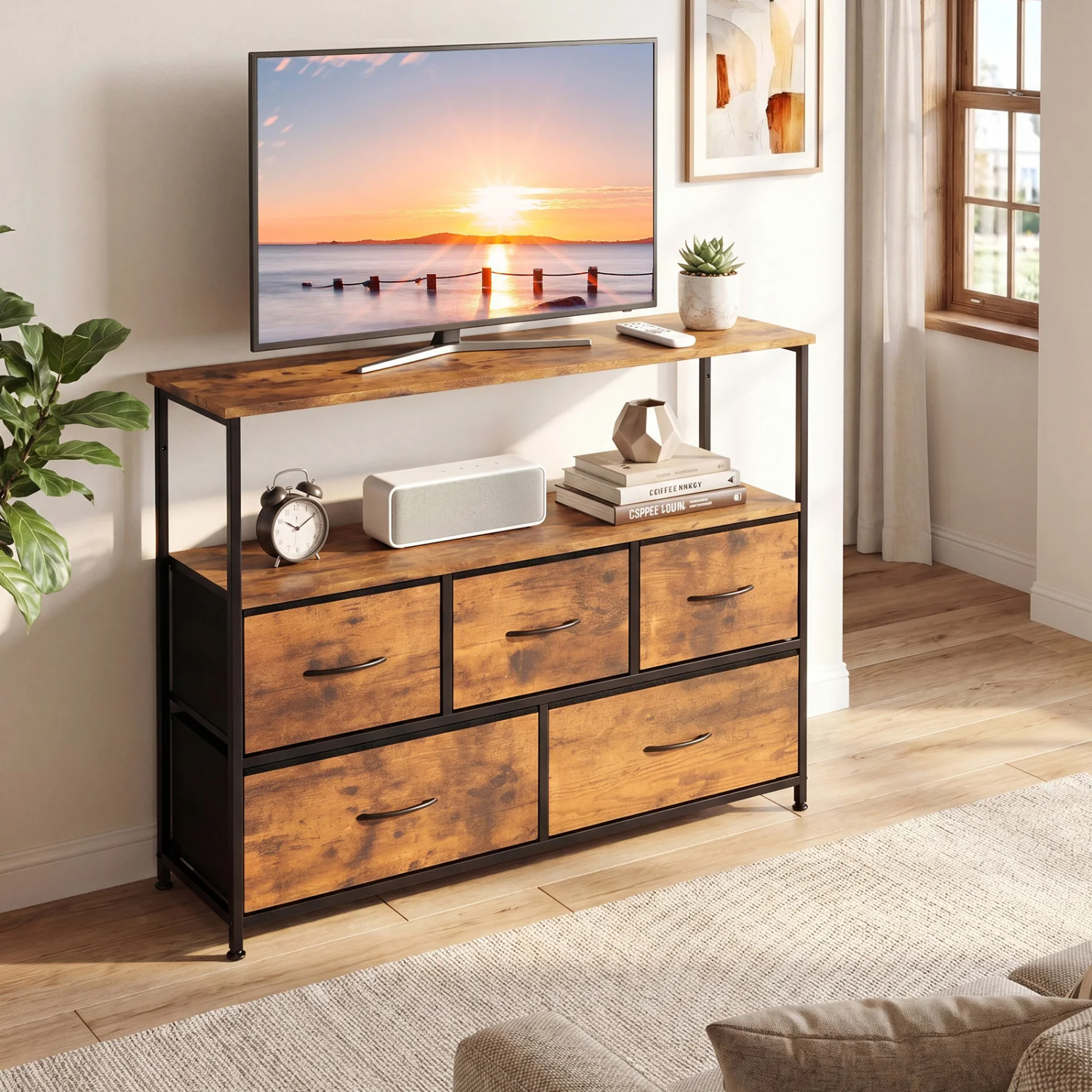 TV Stand Dresser For 45 Inch TV, 5 Fabric Drawers, Brown - Image 2