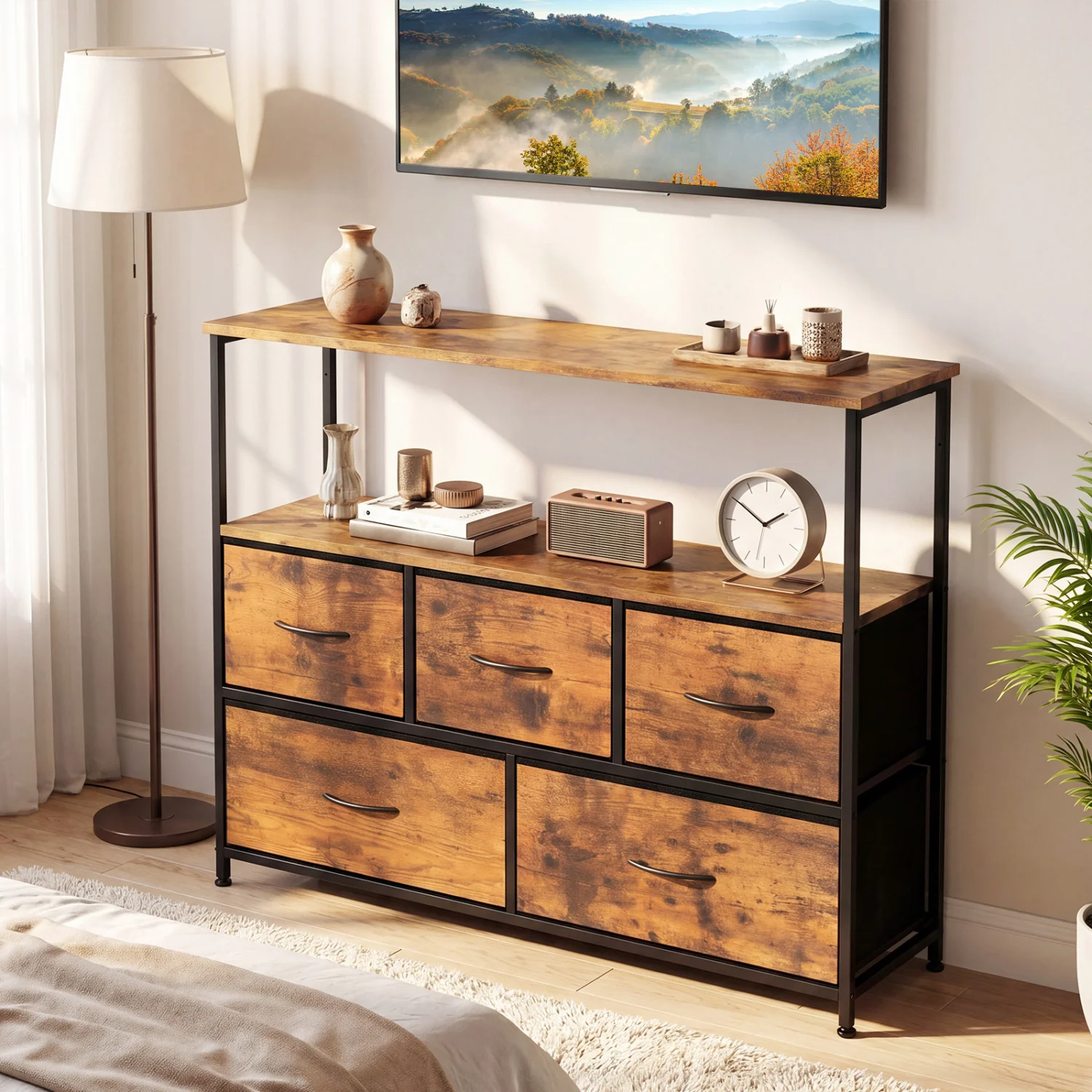 TV Stand Dresser For 45 Inch TV, 5 Fabric Drawers, Brown - Image 3