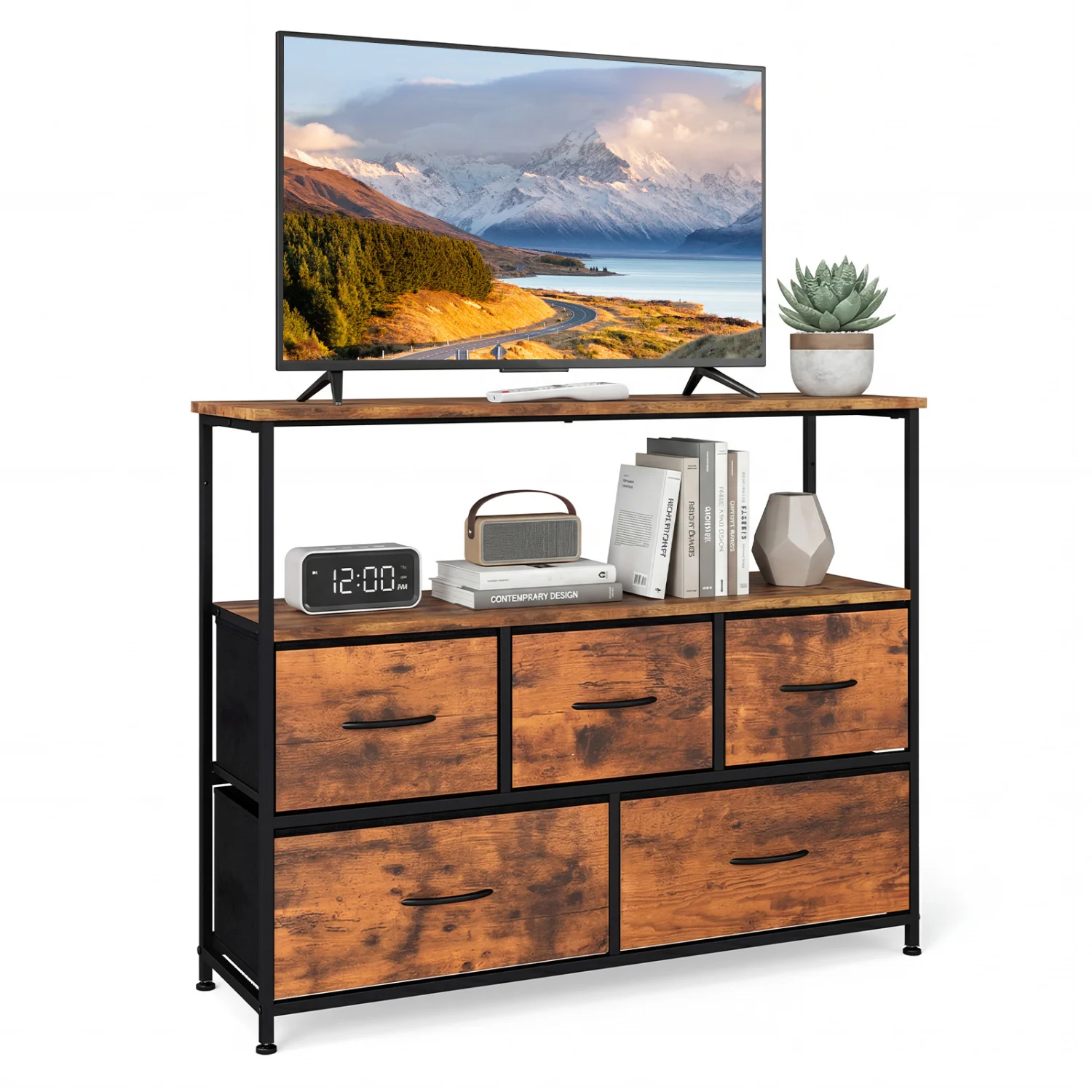TV Stand Dresser For 45 Inch TV, 5 Fabric Drawers, Brown - Image 4