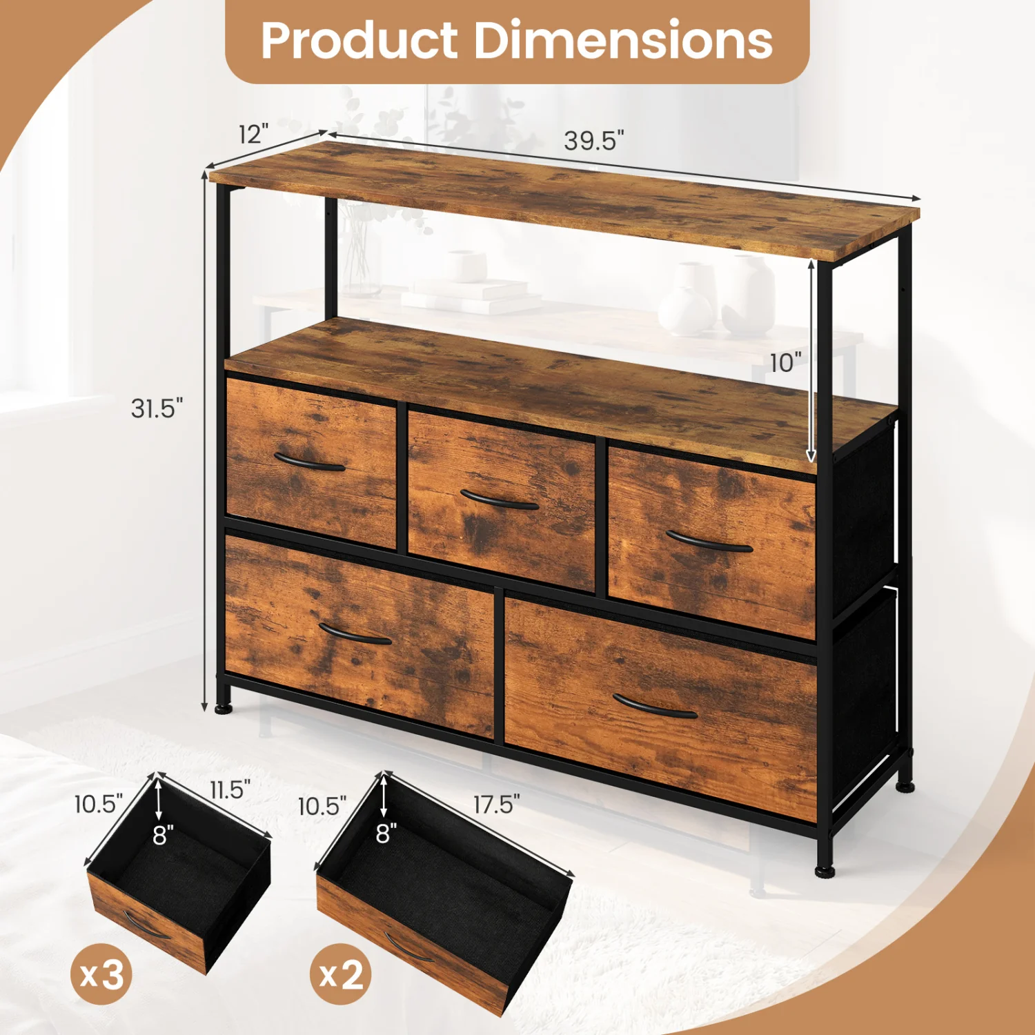 TV Stand Dresser For 45 Inch TV, 5 Fabric Drawers, Brown - Image 5