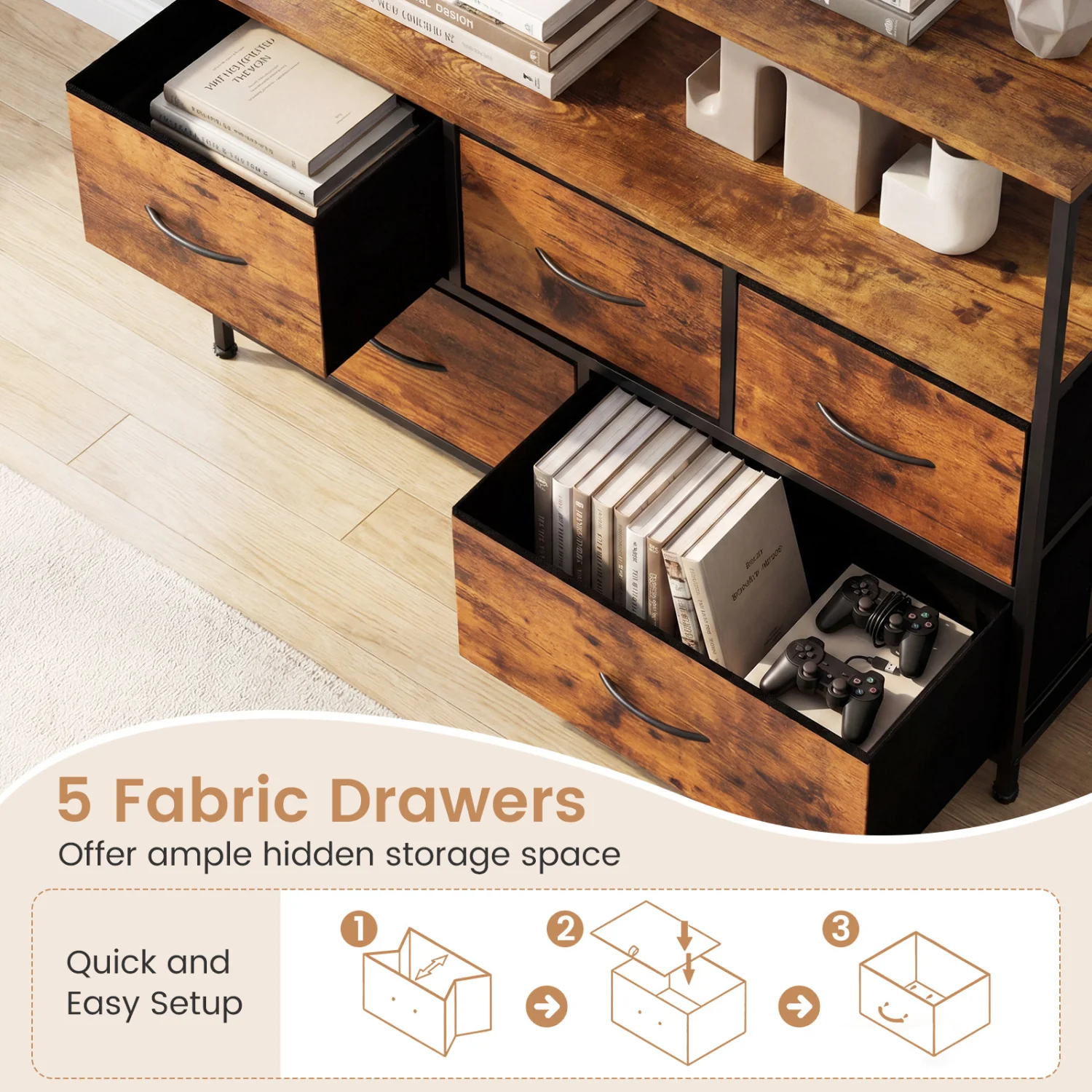 TV Stand Dresser For 45 Inch TV, 5 Fabric Drawers, Brown - Image 6