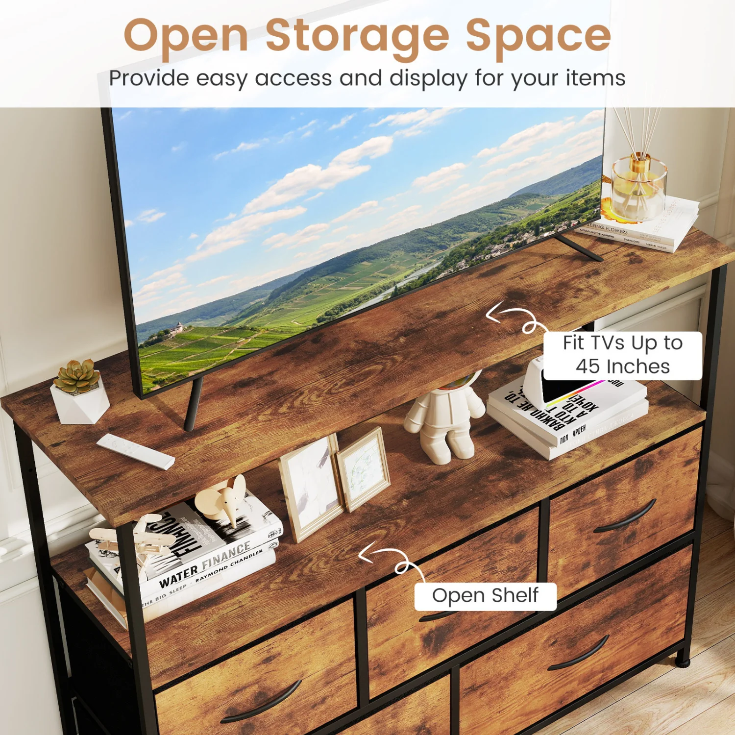 TV Stand Dresser For 45 Inch TV, 5 Fabric Drawers, Brown - Image 7